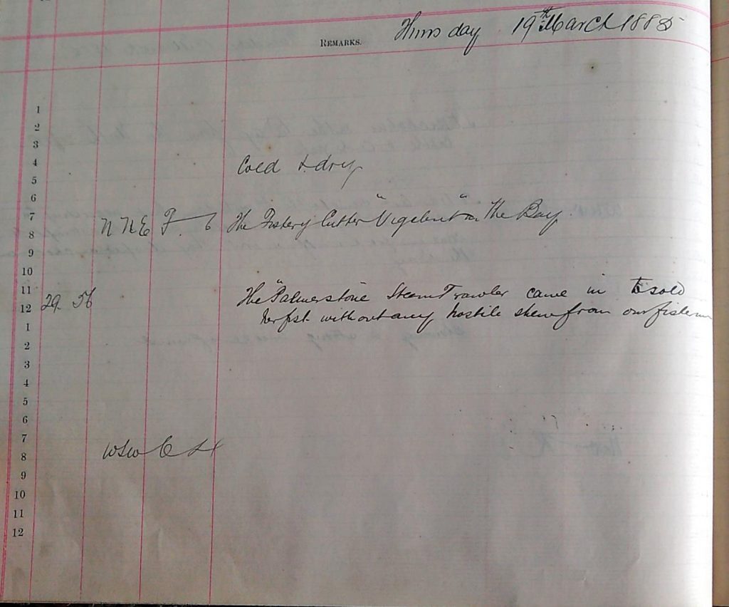 An open logbook page titled “Pulteney Harbour in 188[5],” dated Thursday, 19th March 1885. The page is ruled into columns labeled “Hours,” “Barometer,” “Wind,” “Weather,” and “Remarks.” Handwritten notes include “Cold day,” “The Dunbar Cutter Vigilant in the Bay,” and “The Pulteney Steam Trawler came in this night without any hostile demonstration from fishermen.” The handwriting is cursive, and the page has neat red and black ruling.