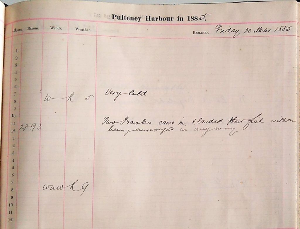 An open logbook page titled “Pulteney Harbour in 188[5],” dated Friday, 20th March 1885. The page is ruled into columns labeled “Hours,” “Barometer,” “Wind,” “Weather,” and “Remarks.” Handwritten notes include “Very cold” and “Two trawlers came in & landed their fish without being annoyed in any way.” The handwriting is cursive, and the page has neat red and black ruling.