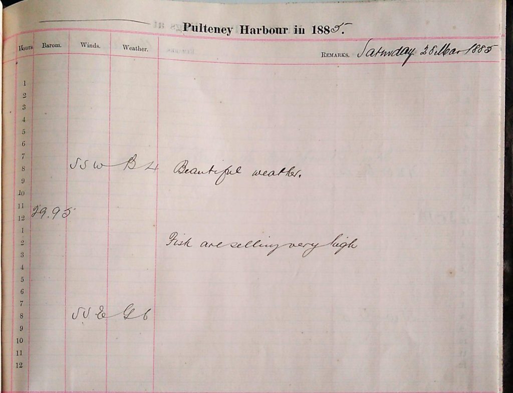 An open logbook page titled “Pulteney Harbour in 188[5],” dated Saturday, 28th March 1885. The page is ruled into columns labeled “Hours,” “Barometer,” “Wind,” “Weather,” and “Remarks.” Handwritten notes include “Beautiful weather” and “Fish are selling very high.” The wind entries show “SSW B4” and “SSE G6,” and the barometer reading is “29.95.” The handwriting is cursive, and the page has neat red and black ruling.
