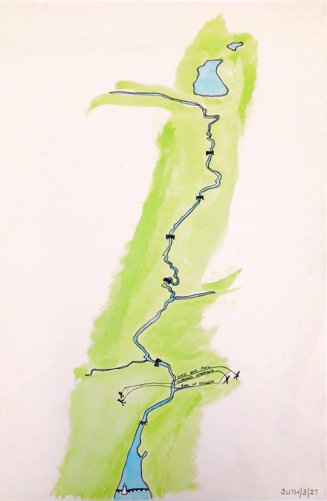 A hand-drawn, colored map illustrating the waterway of Gillock Burn with fishing spots marked along its course. The map shows a narrow, winding blue stream flowing vertically through a green-shaded landscape. Two small blue lochs are depicted—one near the top and a larger one at the bottom. Several fishing pools are labeled in handwritten text, including Pool of Gillock and Pool of Smeara, with arrows pointing to their locations. Simple black lines represent paths or boundaries, and small bridge-like symbols appear at crossings along the burn. The style is artistic and minimalistic, focusing on the waterway and its fishing features.