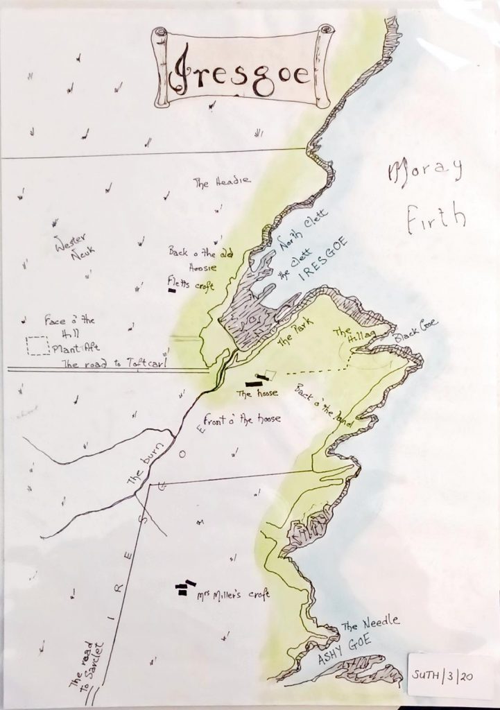A hand-drawn, colored map titled “Iresgoe” depicting a coastal area near Yarrows and Thrumster in the parish of Wick, Scotland. The map shows the coastline along the Moray Firth shaded in blue for water and green for land, with detailed handwritten labels marking features such as The Needle, Ashy Goe, The Park, The Hillock, and Mr. Miller’s croft. Roads and paths are sketched in, including The road to Telford. A decorative title banner reading “Iresgoe” appears at the top, and the map includes small arrows and annotations indicating directions and landmarks. The style is artistic and illustrative, with soft color shading and clear handwritten text.