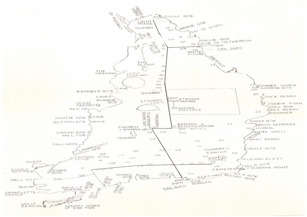A hand-drawn black-and-white map of Stroma, an island off the north coast of Scotland. The map outlines the island’s shape and marks numerous geographic features, including headlands, caves, quarries, and coastal points such as Cully Goe, Vallie Goe, Barneys Goe, and Plenny Clett. Inland features include Stroma Mains, Schoolhouse, Church Manse, and Mains Cottage, along with multiple quarries and roads sketched across the island. Additional labels identify caves like Button Goe Cave and Mill Goe Cave, as well as landmarks such as Castle Clett and Unlit Beacon near the southern tip. The map uses simple line work with handwritten annotations, focusing on natural and man-made features.