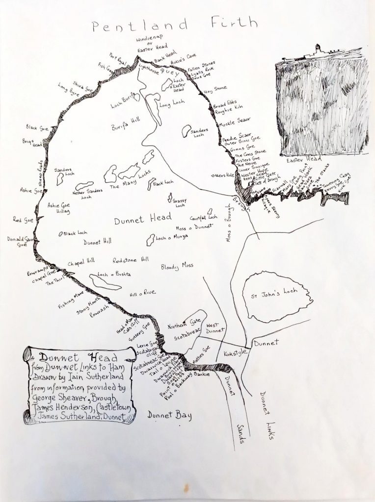 A hand-drawn black-and-white map titled “Dunnet Head from Dunnet Links to Ham” showing the northernmost point of mainland Scotland and surrounding areas. The map includes detailed labels for geographic features such as Pentland Firth, Dunnet Head, Dunnet Bay, St John’s Loch, and numerous smaller landmarks like hills, lochs, and coastal points. Roads and paths are sketched in, along with settlements such as Dunnet and Kirkstyle. In the lower-left corner, there is a decorative title box crediting the map to Iain Sutherland and listing contributors. The upper-right corner contains a shaded inset illustration labeled Easter Head, depicting a textured cliff or headland. The map uses handwritten text throughout and has an artistic, illustrative style rather than a technical cartographic design.