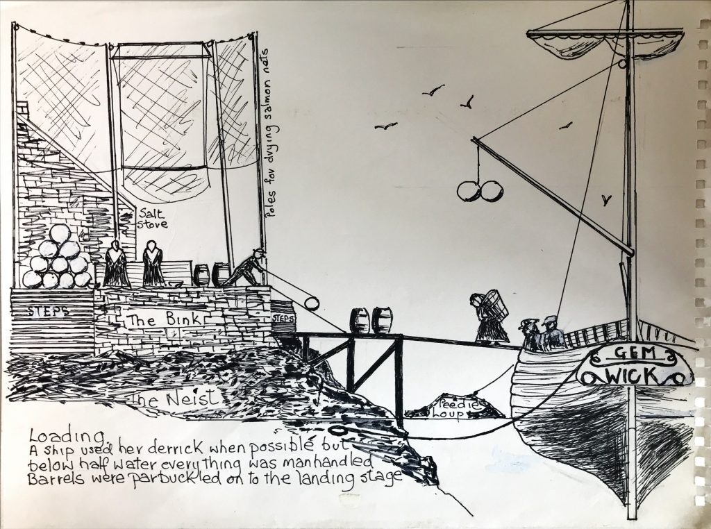 Hand-drawn sketch of Whaligoe Harbour showing a dockside scene with labeled features including 'Salt Store,' 'The Bink,' 'The Neist,' and 'Steps.' A ship named 'Gem of Wick' is moored at the landing stage, with barrels and cargo being loaded. Text at the bottom reads: 'Loading. A ship used her derrick when possible but below half water everything was manhandled. Barrels were parbuckled on to the landing stage.' Birds are flying above the harbor.
