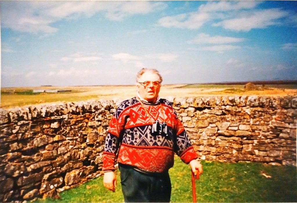 Person standing outdoors in front of a low stone wall, wearing a patterned red and blue sweater and holding a walking stick. Behind the wall is an open landscape with grassy fields stretching toward the horizon under a bright blue sky with scattered clouds.
