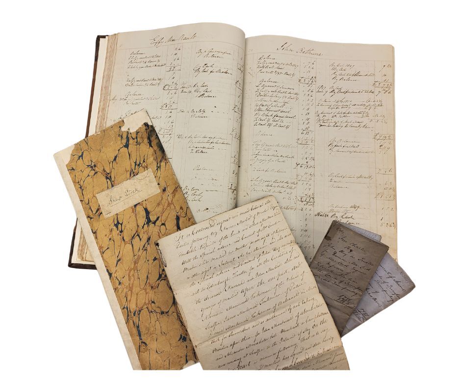 A collection of historical handwritten documents arranged on a white background. The centerpiece is an open ledger with neatly ruled columns and cursive entries, listing names and details. Surrounding it are several smaller papers and booklets, including one with a marbled cover labeled “Stock Book.” Other sheets feature dense cursive writing, indicating correspondence or records. The documents appear aged, with yellowed paper and ink in varying shades of brown.