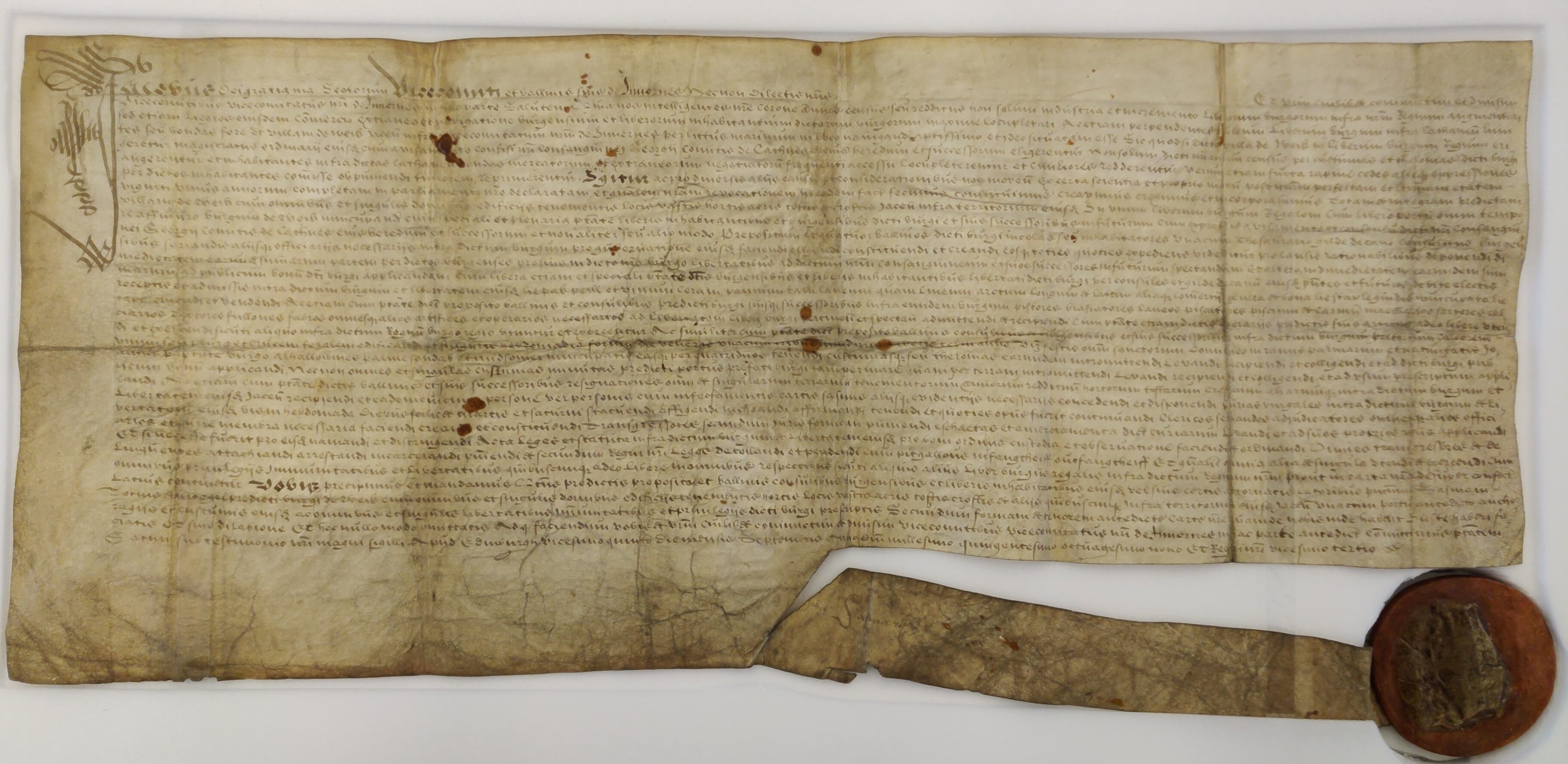 Wick Burgh Charter, 1589, a velum document with Latin handwritten text and a red wax seal