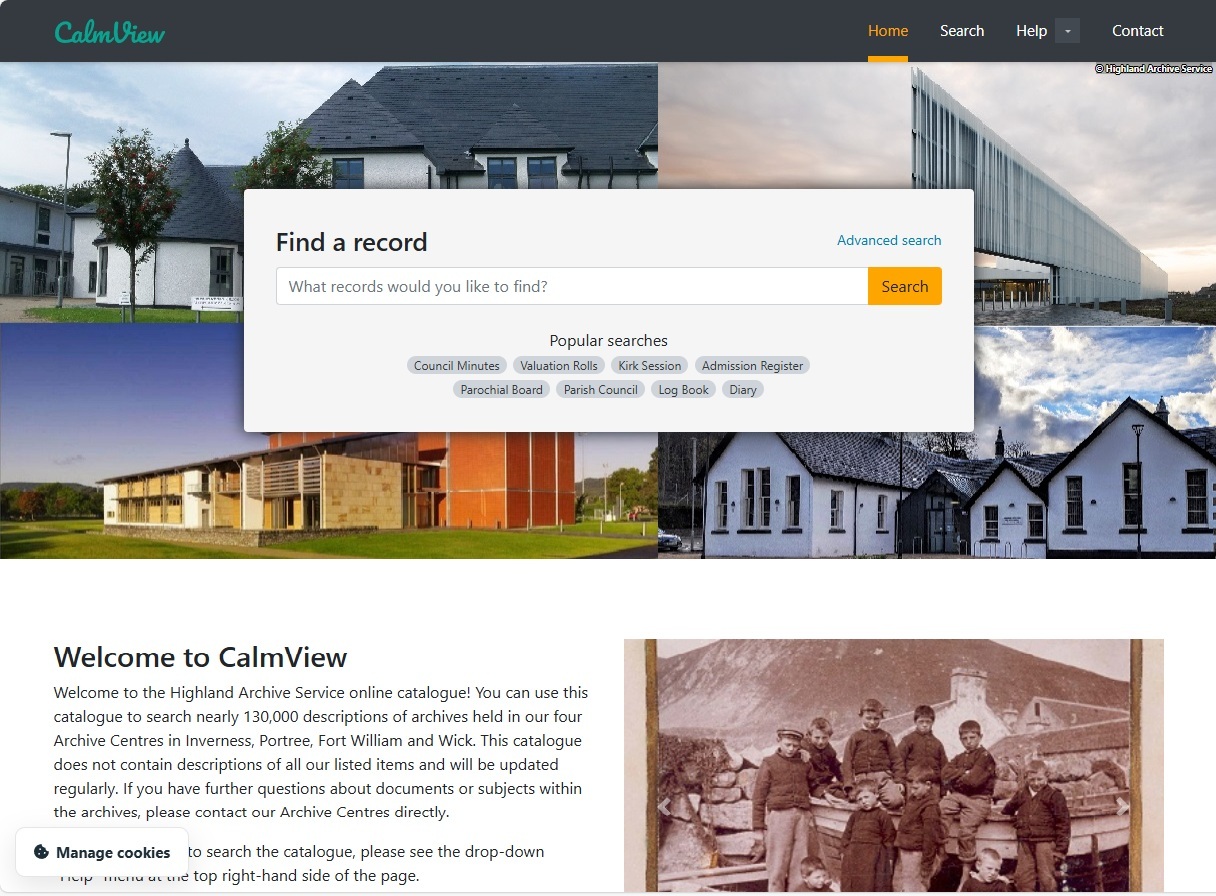 A screenshot of a website homepage for ‘CalmView’, a archival online collections database. The background features a collage of Highland Archie Service's archive centre buildings. In the centre of the foreground, a search box titled ‘Find a record’ indicates that this is a link to an searchable online archive catalogue.