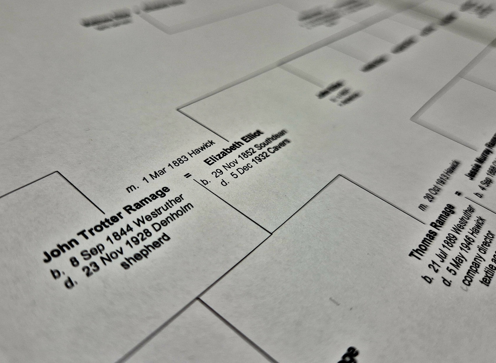 A close-up, slightly angled photograph of a printed family tree chart. The image shows connected boxes containing names, birth dates, and death dates. Visible entries include “John Trotter Ramage,” with dates “b. 8 Sep 1844 Wesruther” and “d. 23 Nov 1928 Denholm, shepherd,” and “Elizabeth Elliot,” with dates “b. 23 Nov 1852 Southdean” and “d. 5 Dec 1932 Crailing.” Lines link these individuals to others whose names and details appear partially out of focus. The overall document is printed in black text on white paper.