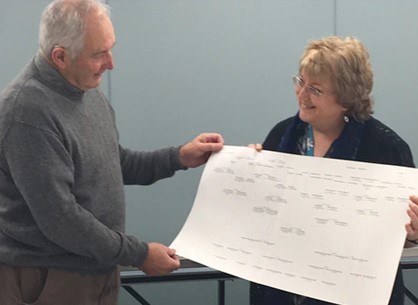 Two people standing indoors holding a large printed family tree chart. The chart contains multiple names arranged in a genealogical structure, and they are positioned so the chart is clearly visible between them.