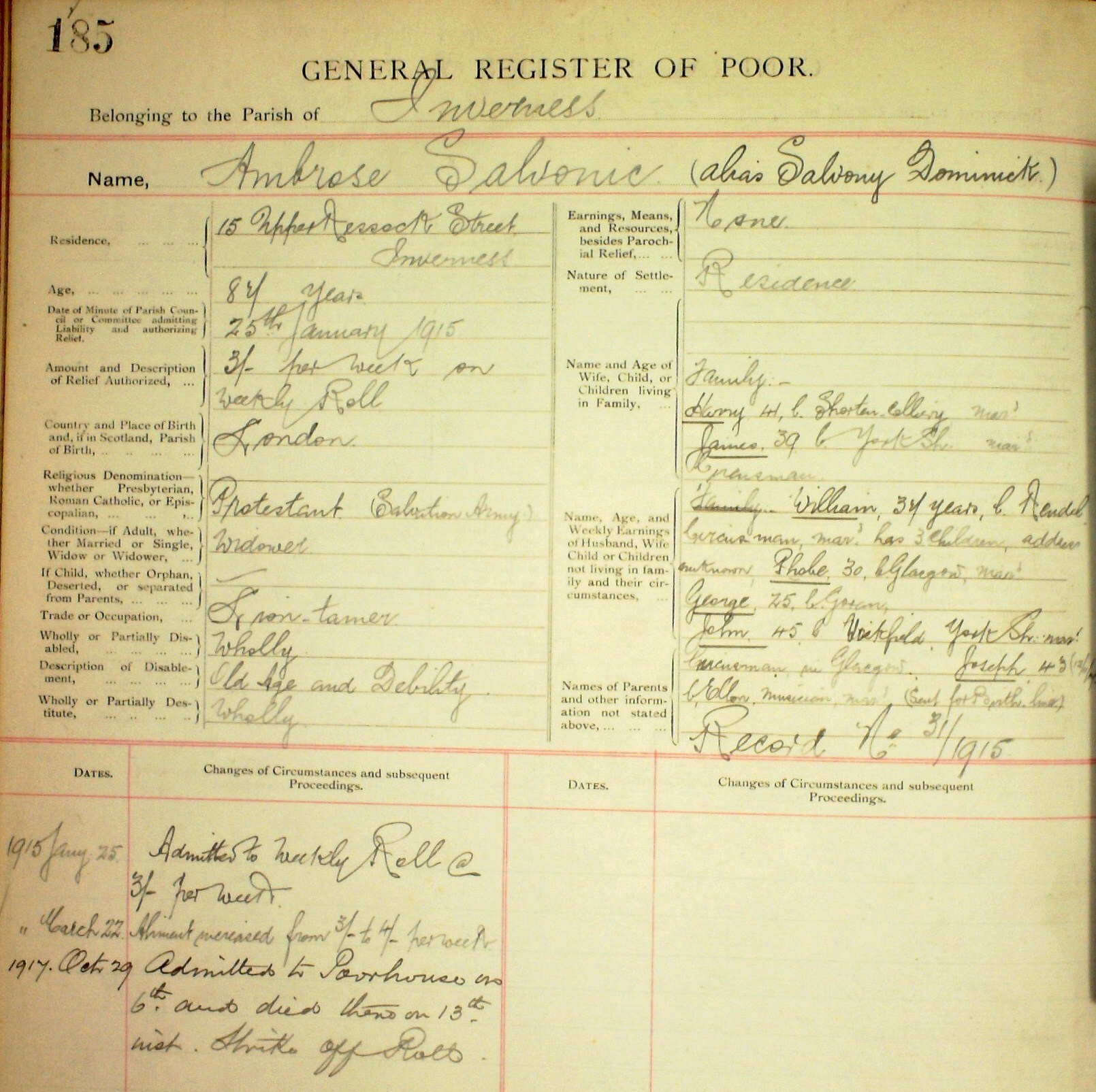 A page from a General Register of Poor for the parish of Inverness with printed headings including 'Name, Residence, Trade/Occupation'.  A large amount of handwritten detail fills each colum/row.