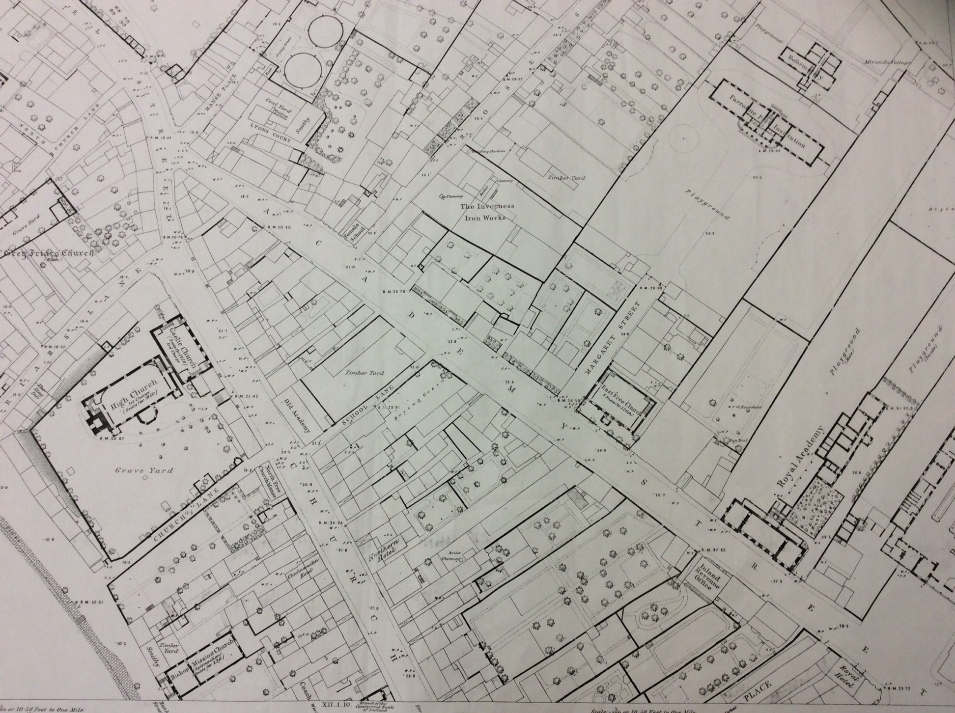 A black and white section of a 1:500 scale map of Inverness town centre.