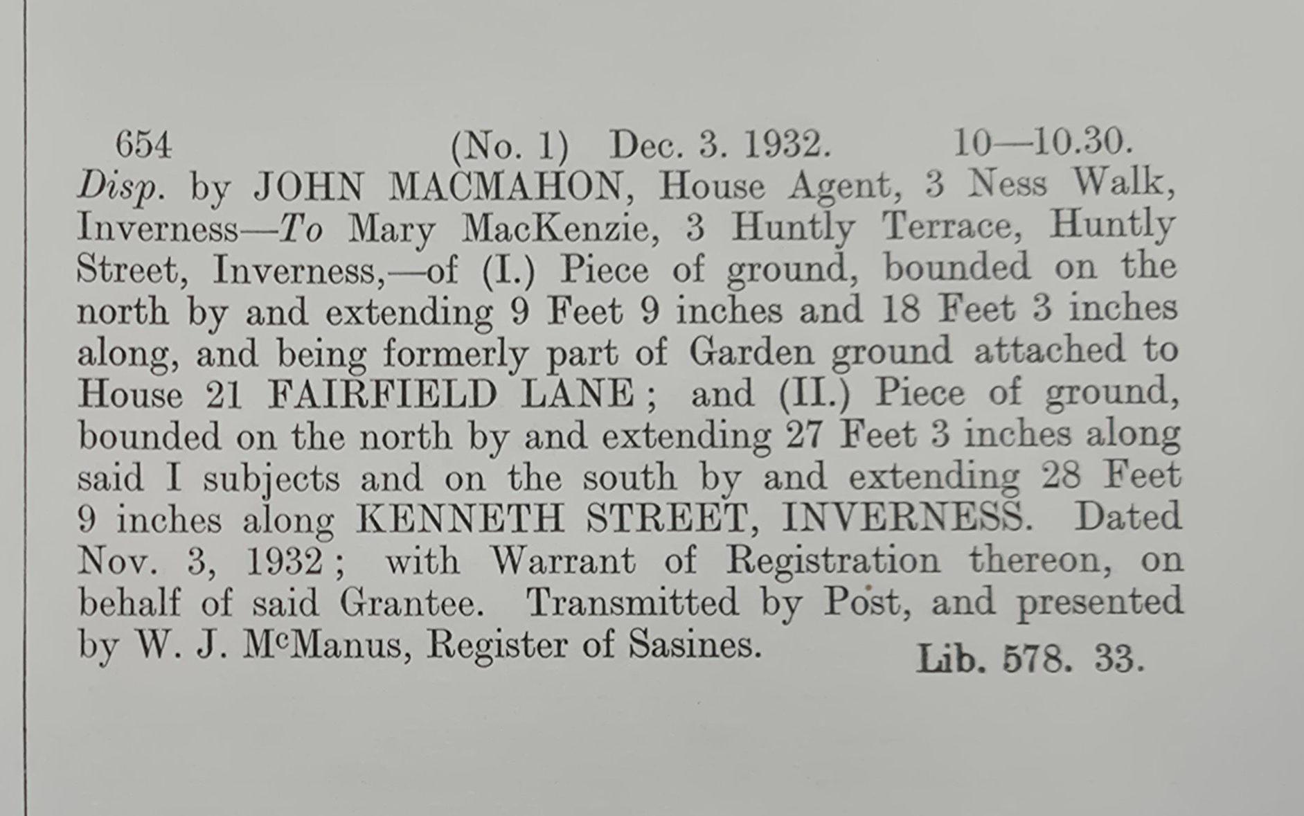 A typed paragraph of text, black on a white background, detailing the sale of properties in Inverness