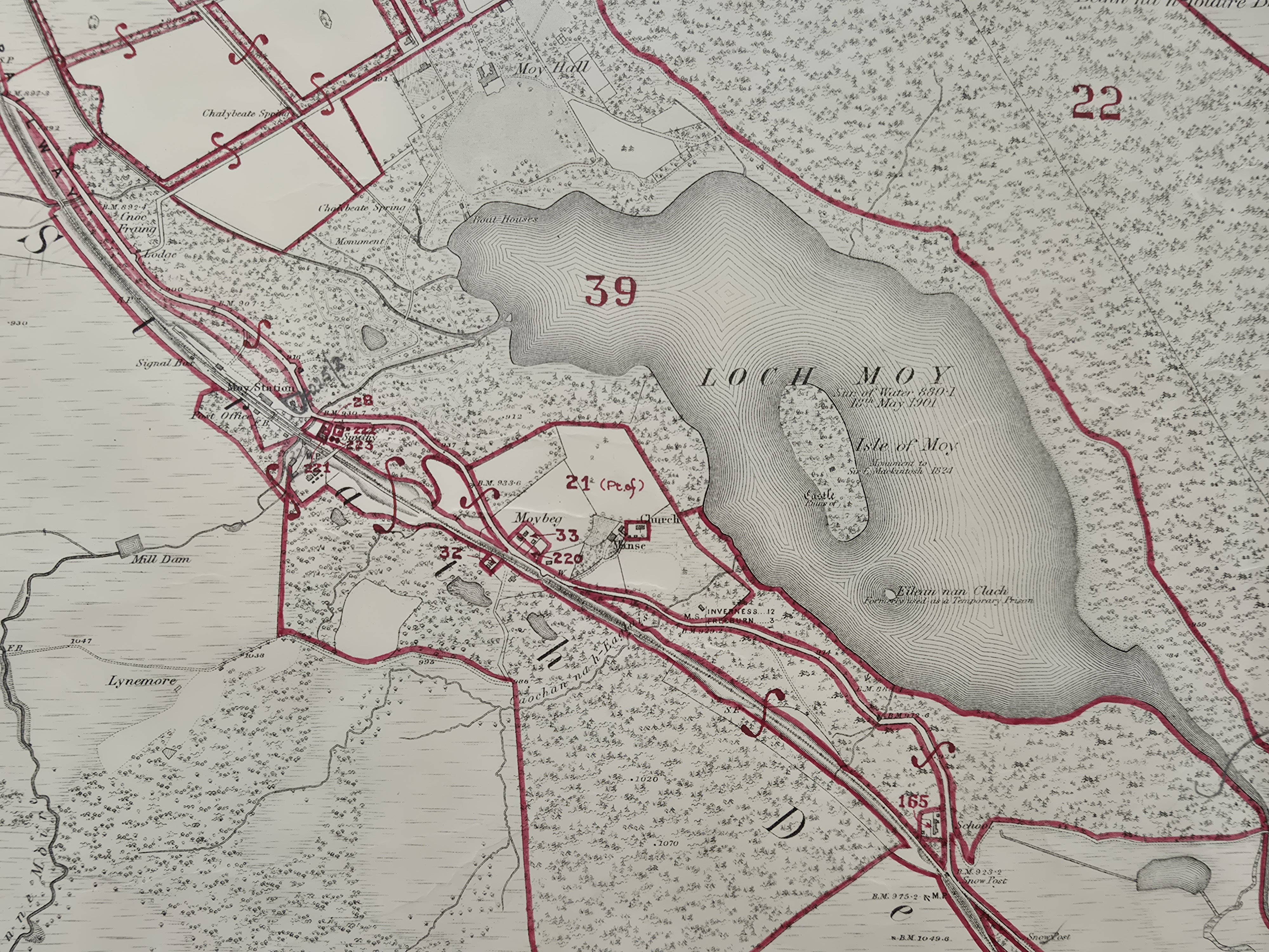 A map showing Loch Moy, marked over with red ink