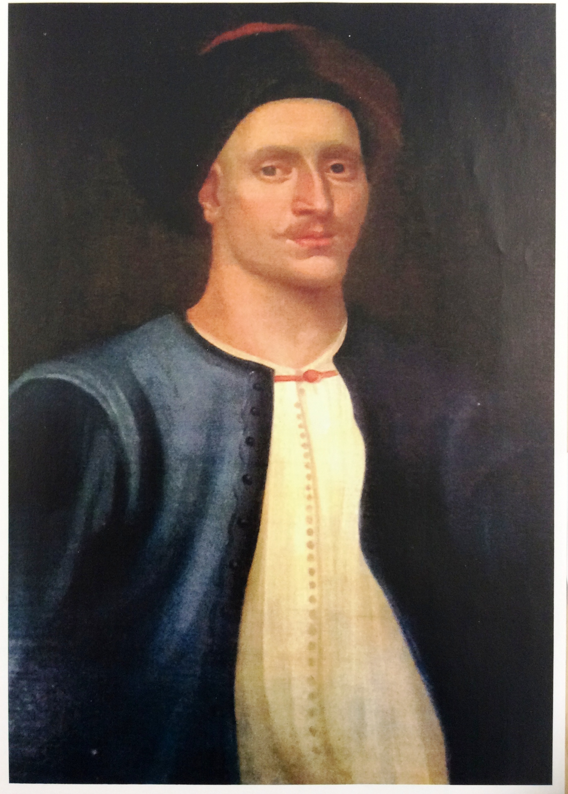 An oil painting of a young man wearing a dark reddish-brown turban, a blue jacket, and a white shirt
