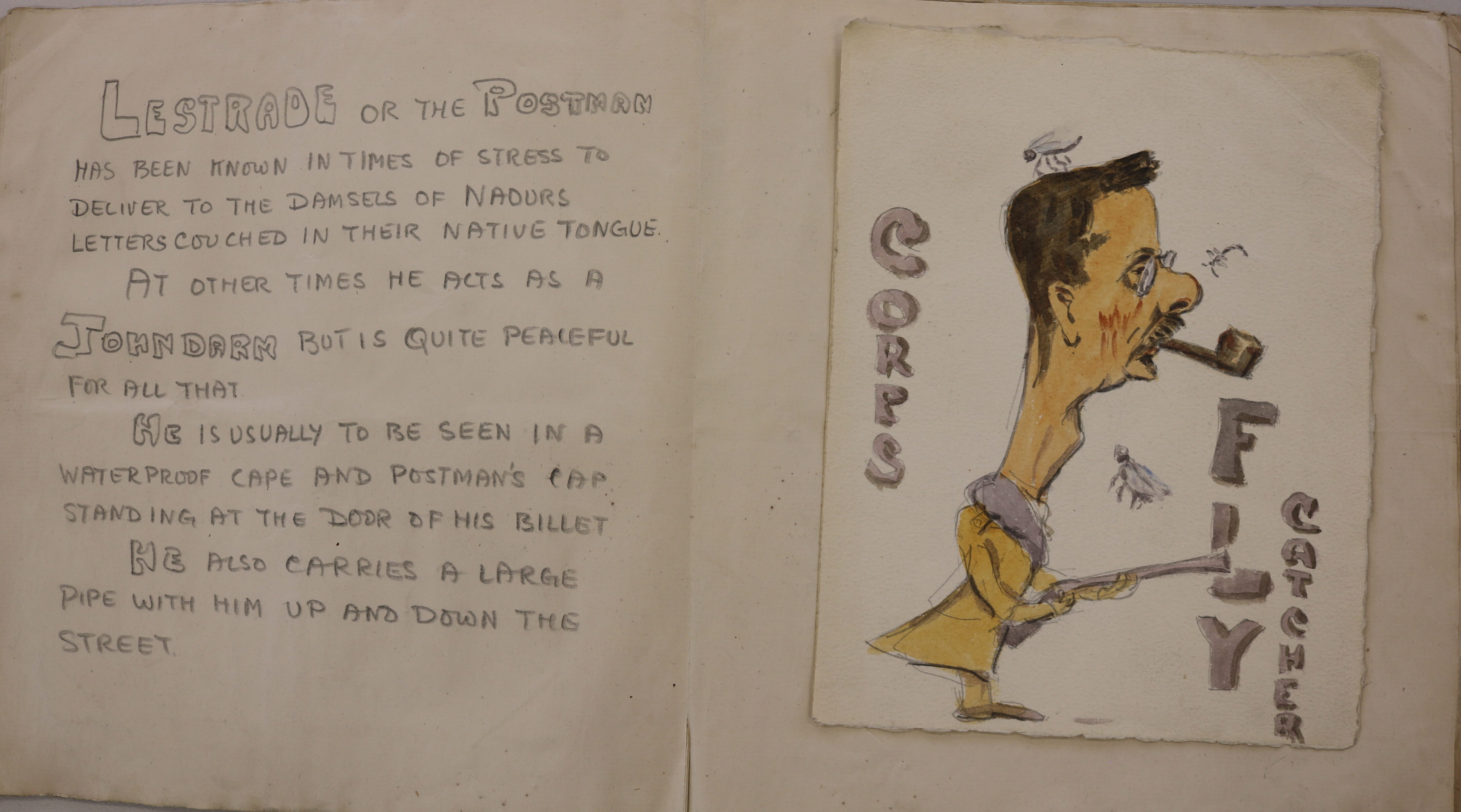 An open sketchbook.  The left hand side shows humorous handwritten notes about an individual who is depicted in a colourful caricature on the right hand page under the title 'Corps fly catcher'