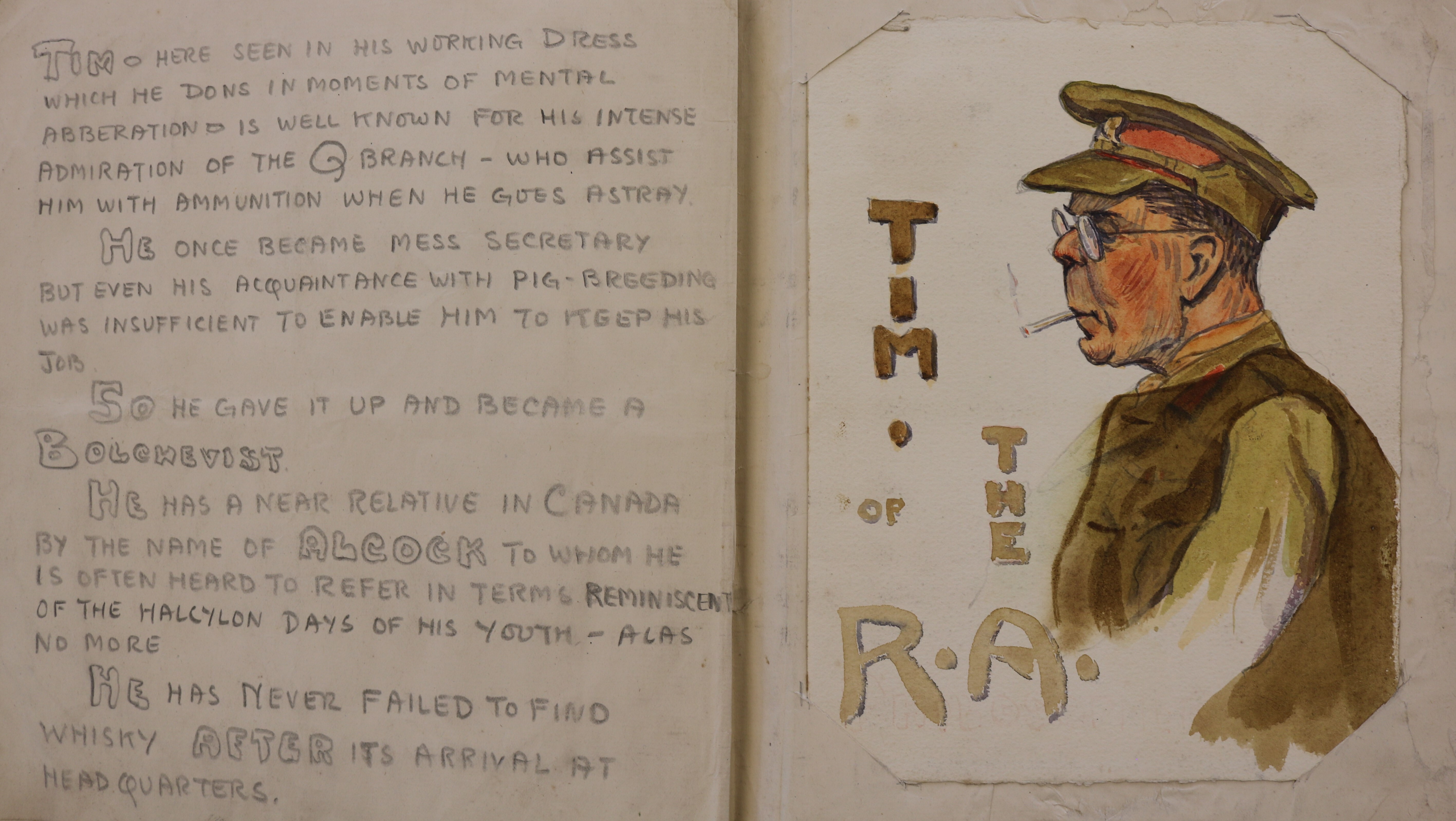 An open sketchbook.  The left hand side shows humorous handwritten notes about an individual who is depicted in a colourful caricature on the right hand page under the title 'Tim of the R.A.'