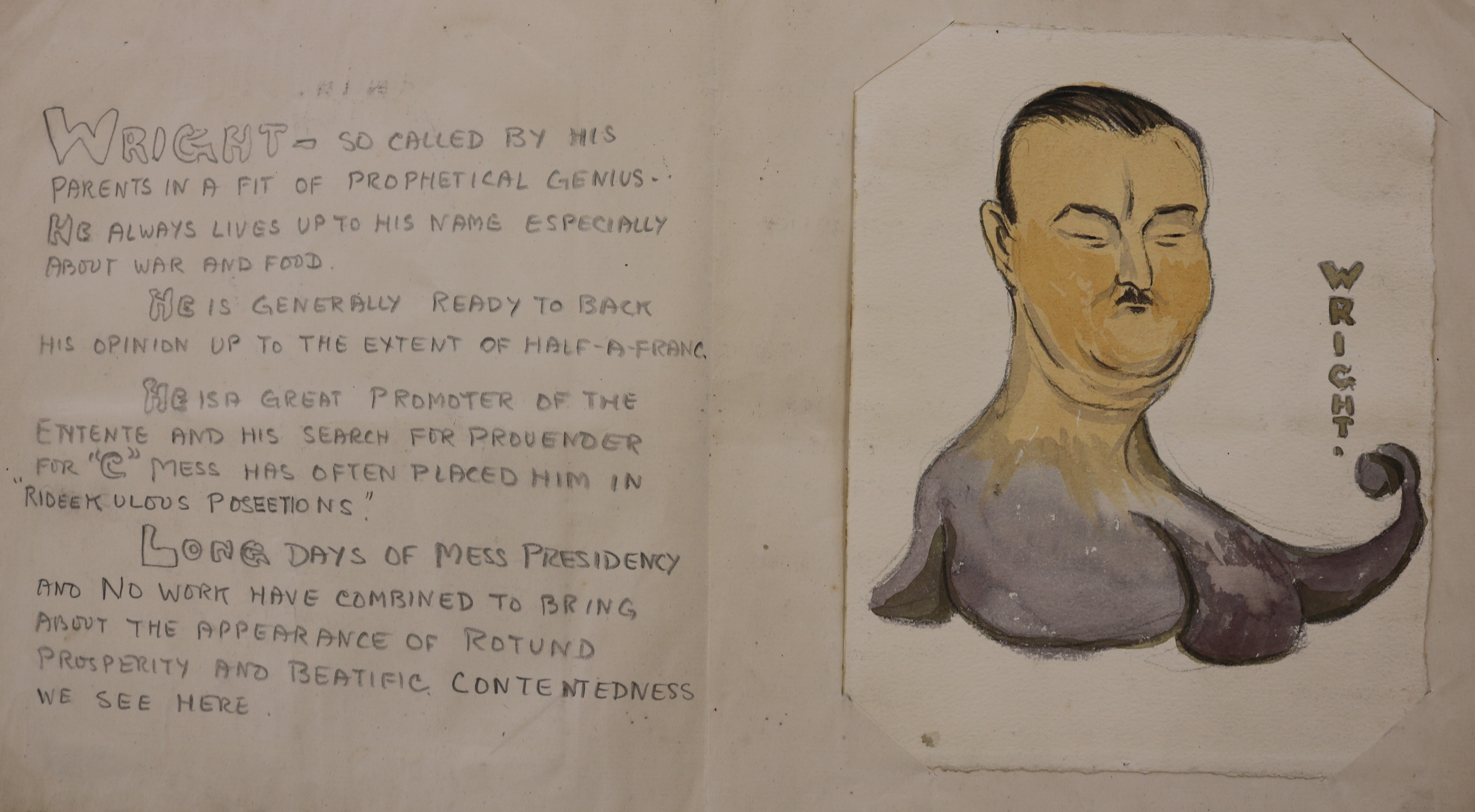 An open sketchbook.  The left hand side shows humorous handwritten notes about an individual who is depicted in a colourful caricature on the right hand page under the title 'Wright'