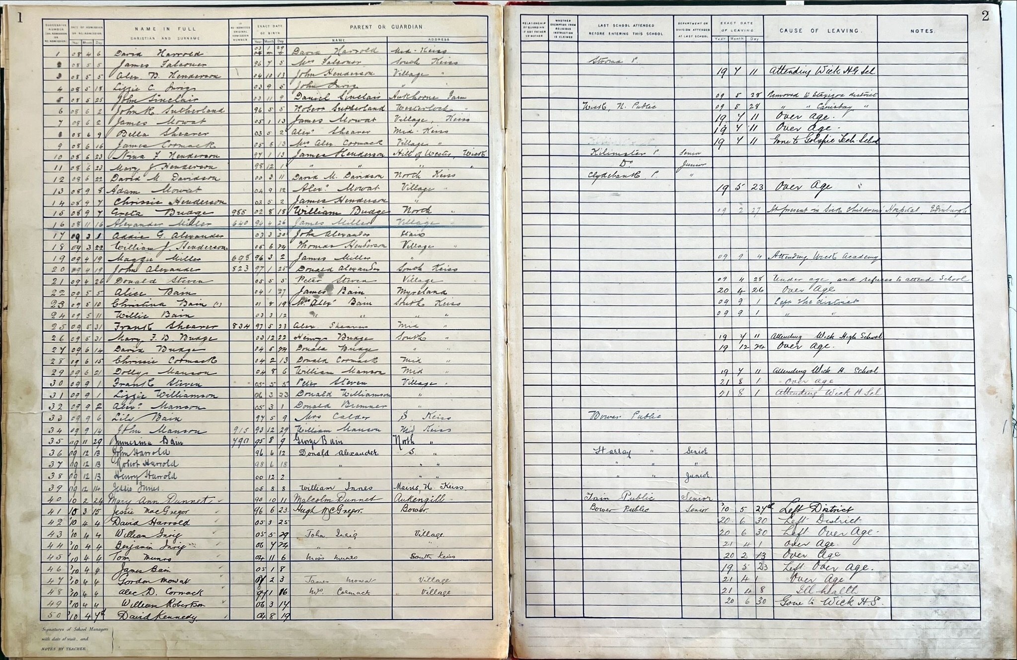 A large open book with two visible pages showing handwritten lists of names, addresses, and dates of birth under column headings