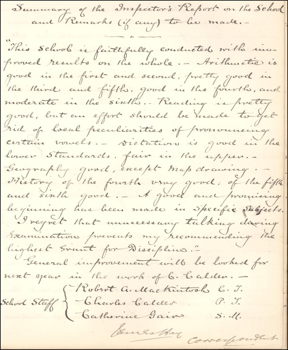 A page from a handwritten volume.  The entry records the visit of a school inspector.
