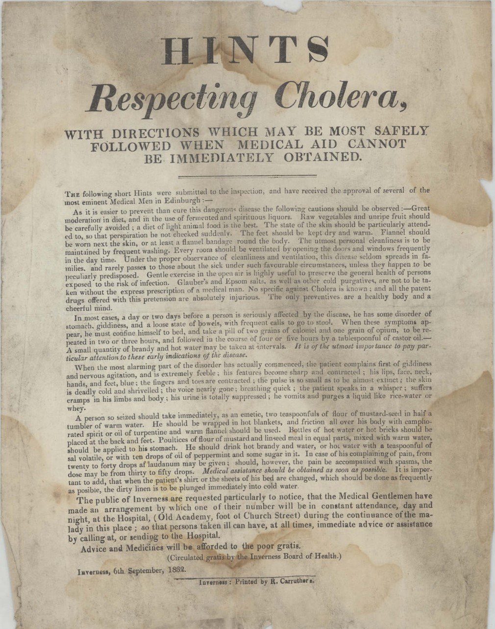 A aged and stained brown typed document entitled 'Hints Respecting Cholera'