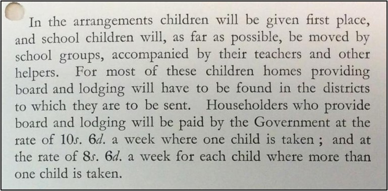 An extract from a typed document (blank text on white paper) which details the arrangements for evacuees