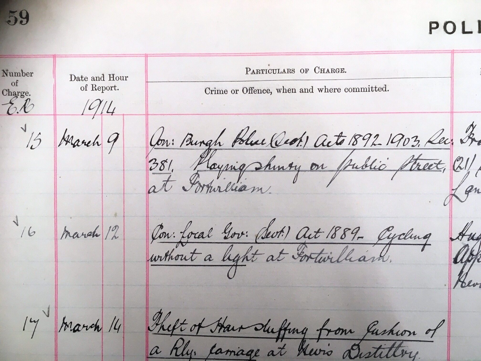 A section of a larger page.  Pink lines delineate separate columns.  Black ink handwritten entries appear under the headings "Number of charge", "Date and hour of report", and "particulars of charge - crime or offence, when and where committed"