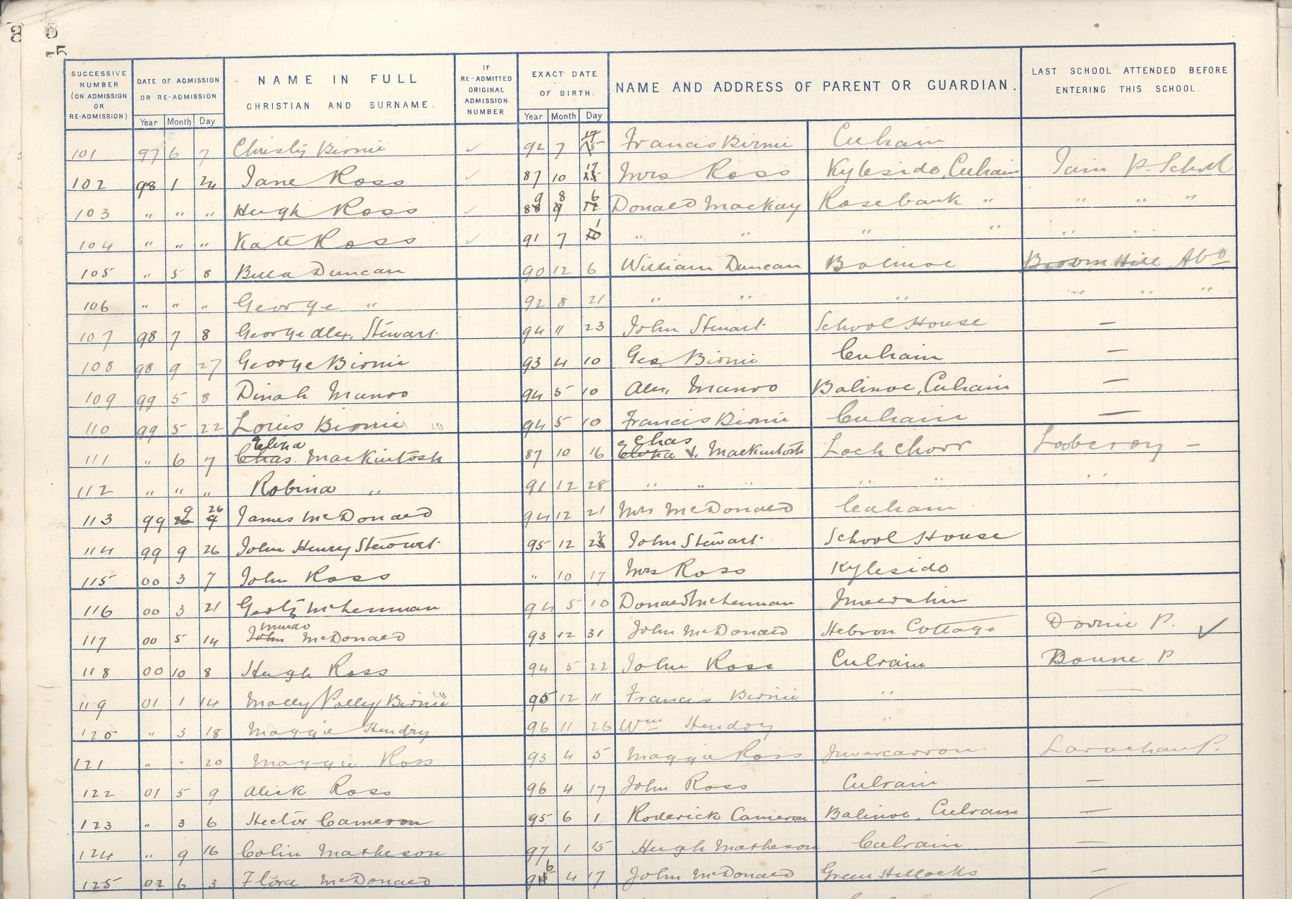 A large open book with two visible pages showing handwritten lists of names, addresses, and dates of birth under column headings