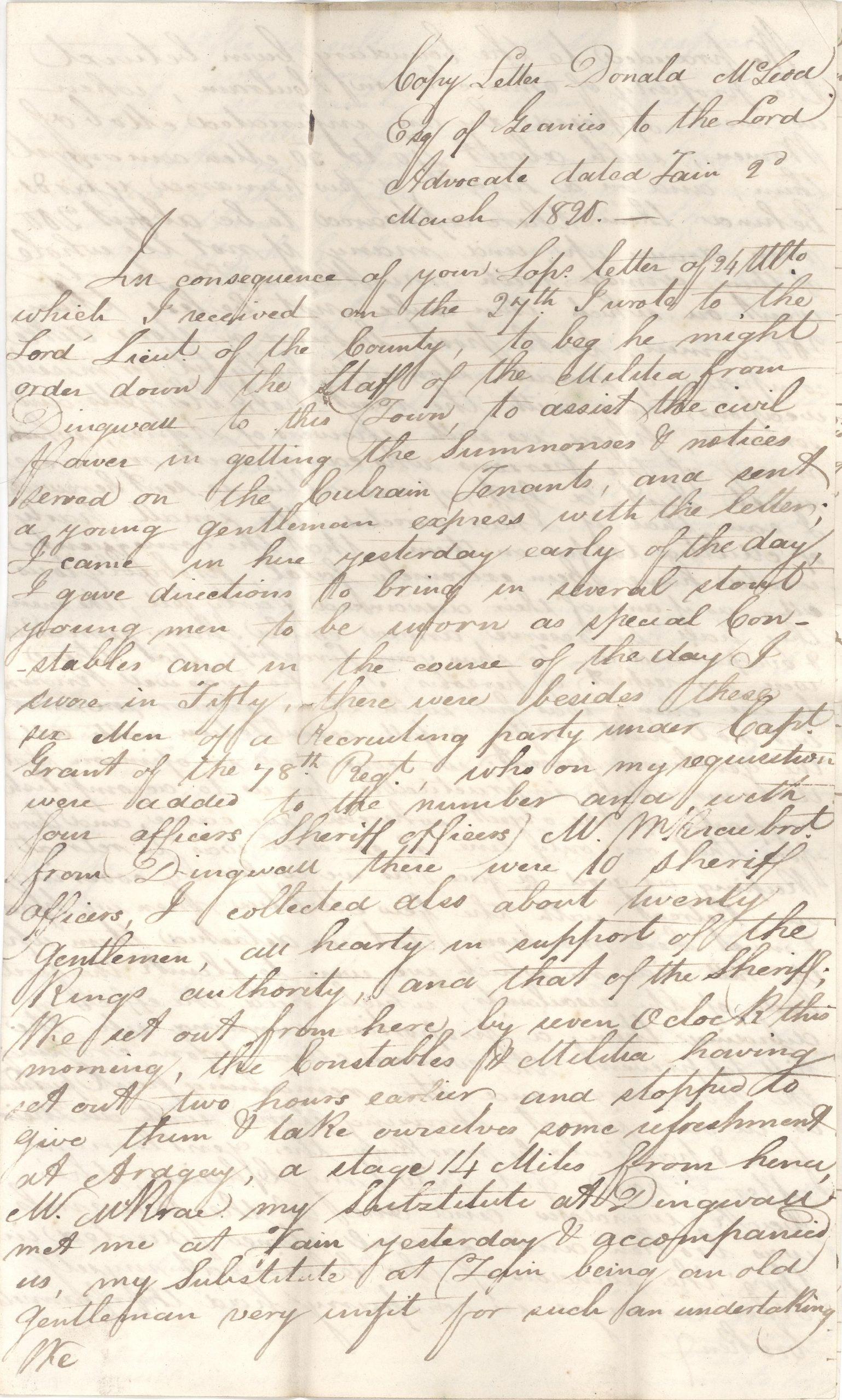 A manuscript letter detailing an attempted clearance of an estate in Ross-shire