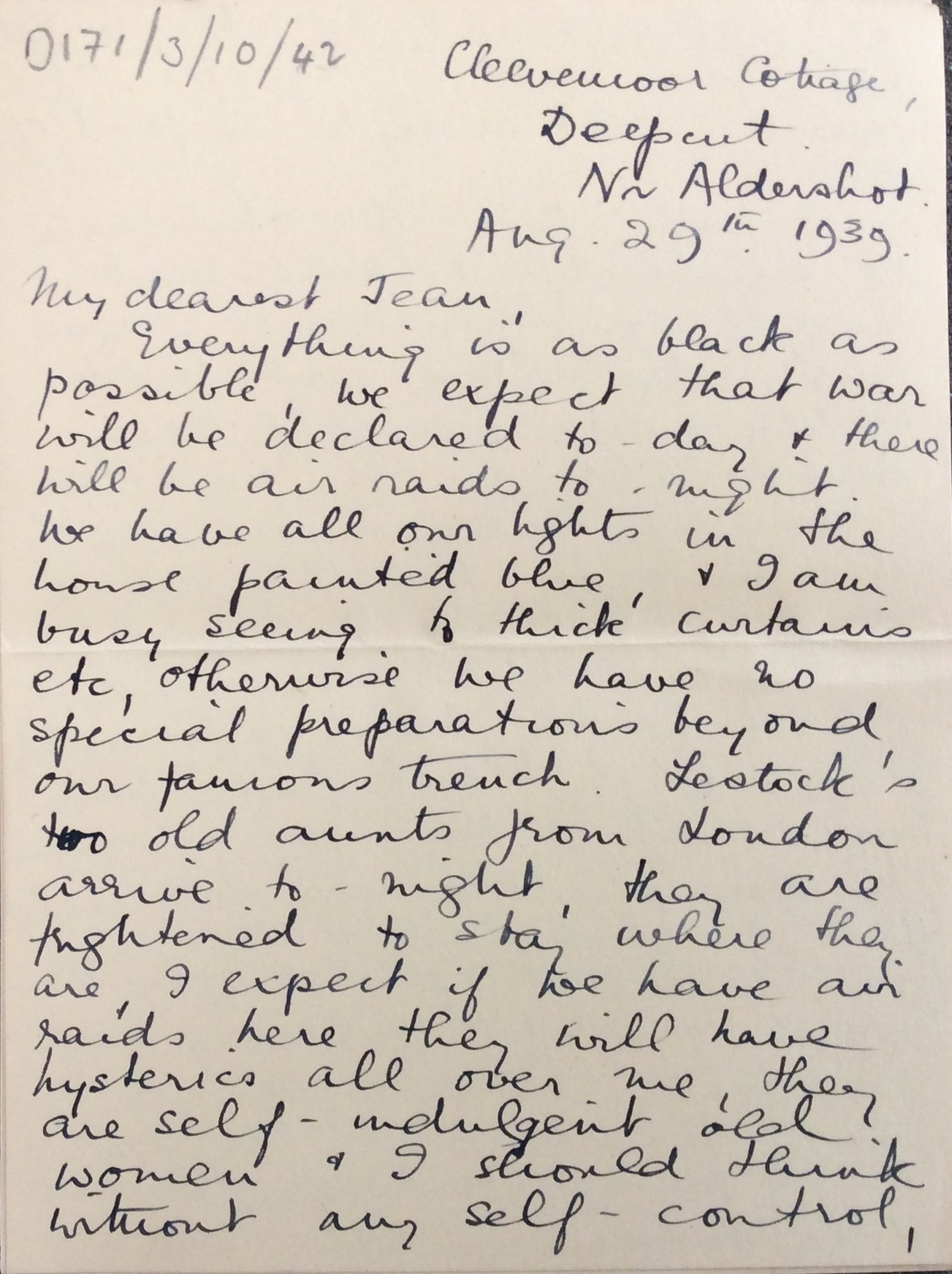 A letter handwritten in black ink and addressed from Cleevemoor Cottage, Deepcut, Nr Aldershot, August 29th 1939