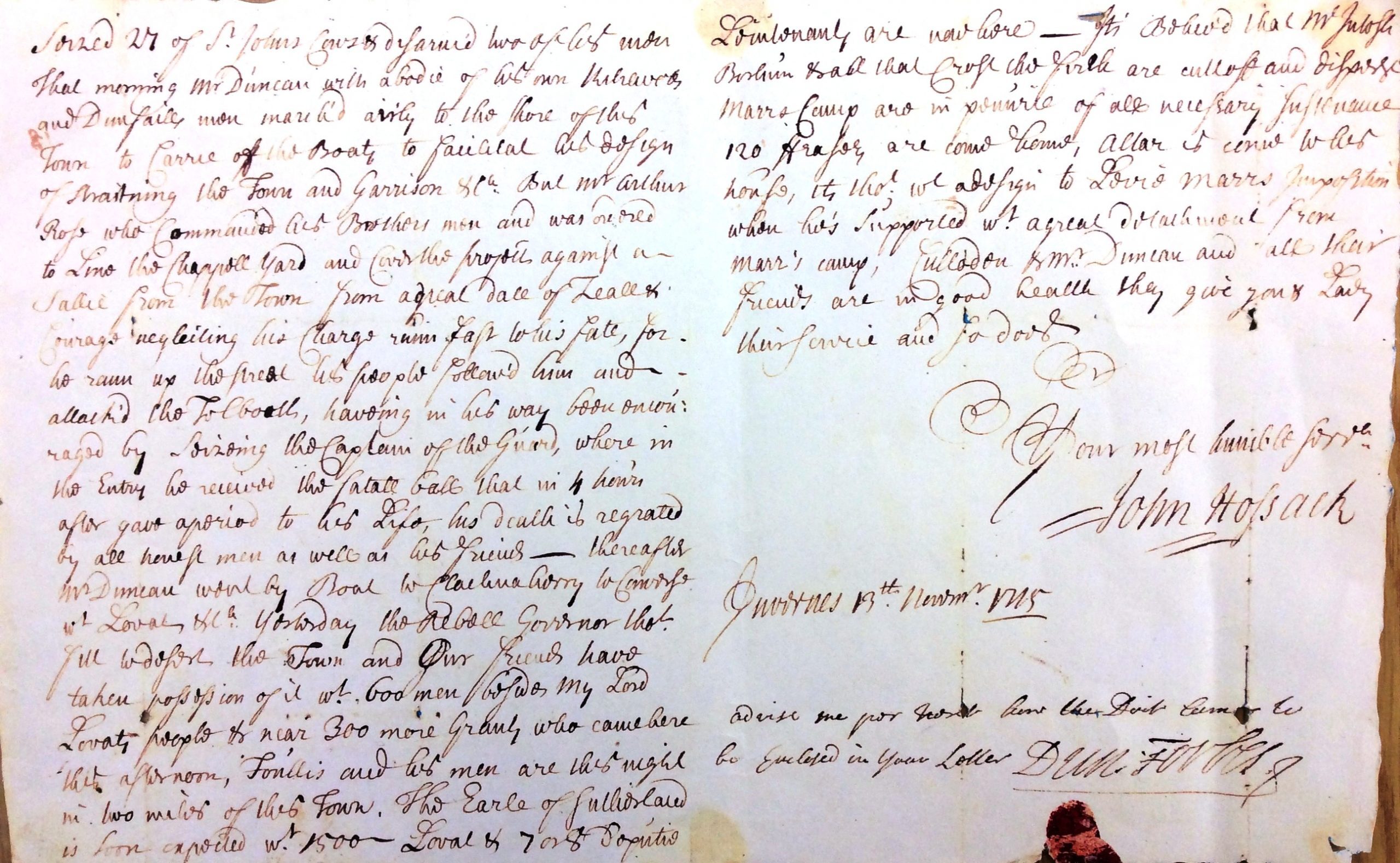 A manuscript letter which bears the remains of a red seal, the signature 'John Hossack', and the date 'Inverness, 13th November, 1715'
