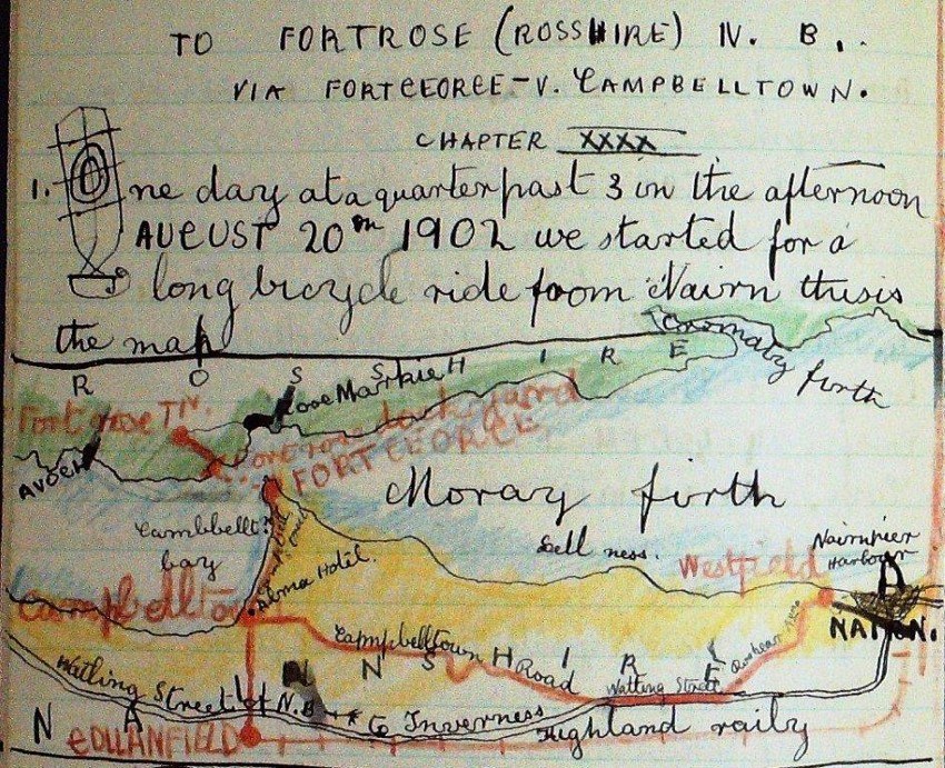 A page from a diary in a child's handwriting which includes a colourful hand drawn map of the Moray Firth