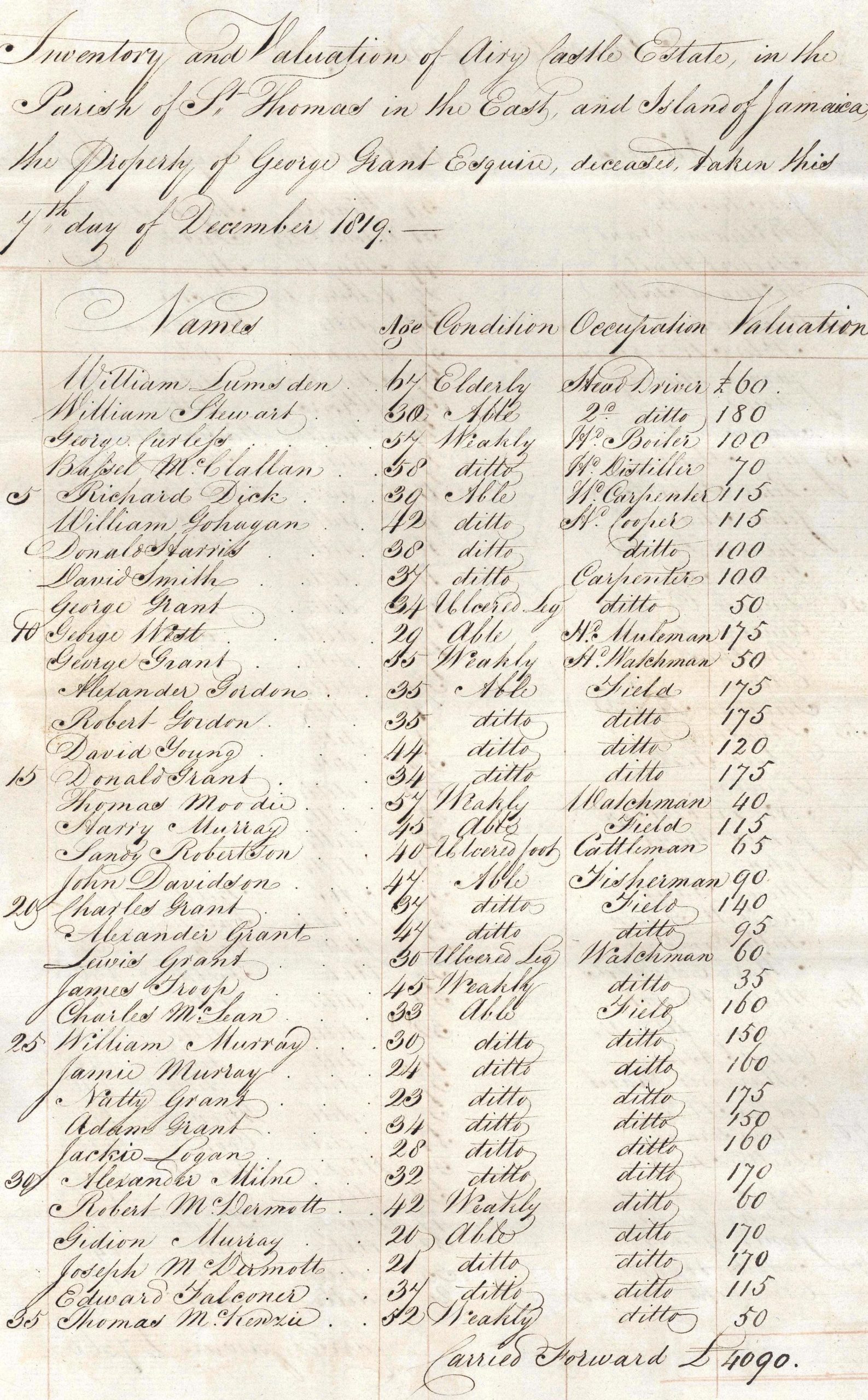 A beige-coloured piece of paper with a handwritten list of names with the the individual's age, condition, occupation and valuation given.