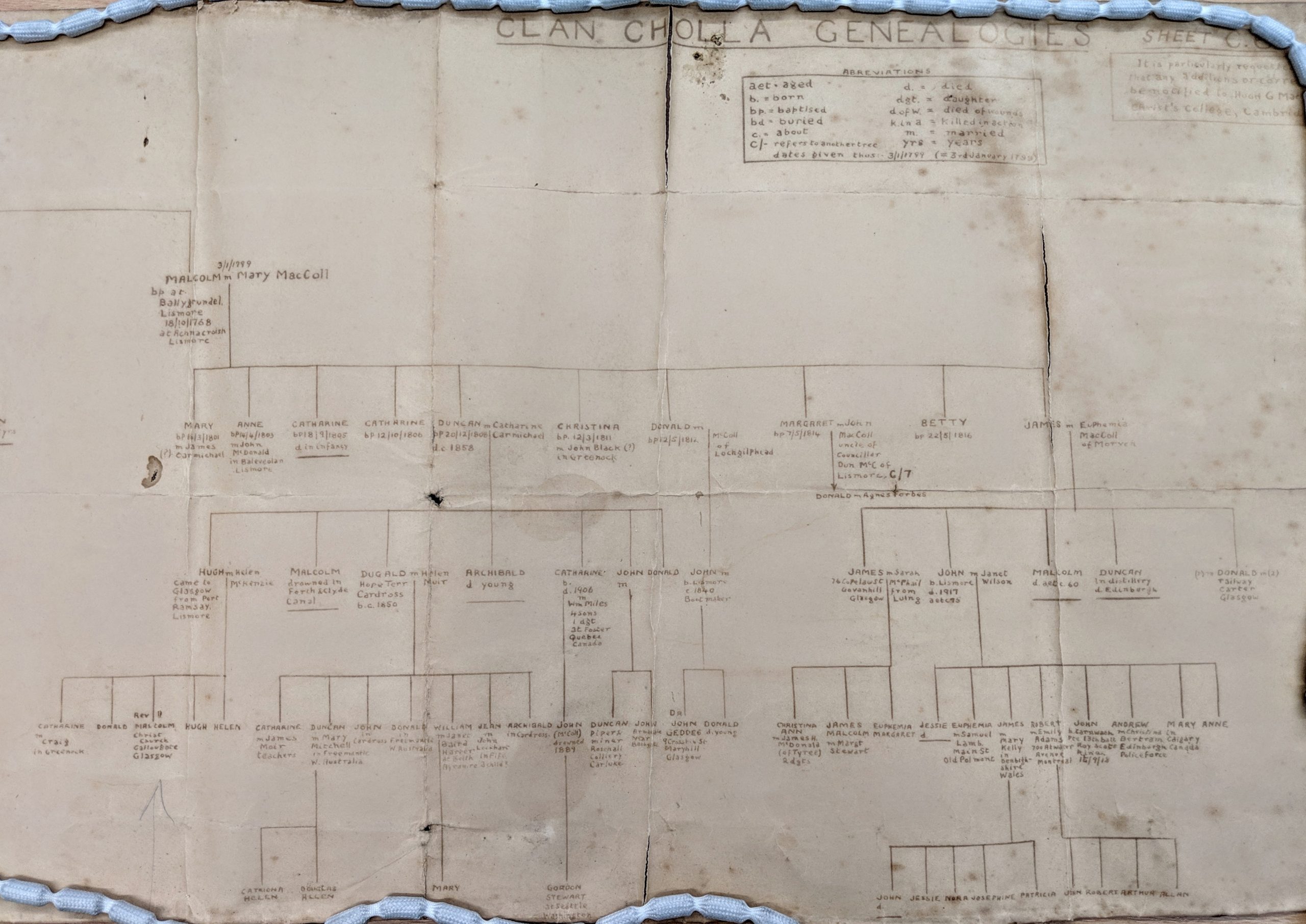 A large sheet of paper with a hand-drawn family tree.  The heading indicates it depicts the genealogies of Clan Cholla/McColl