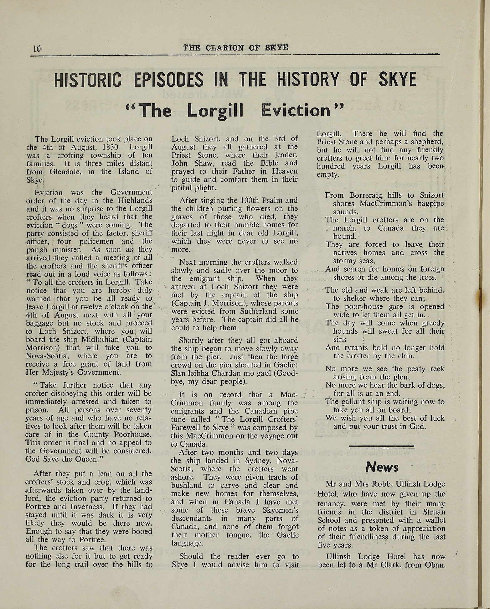 A page of a newspaper entitled the Clarion of Skye.  Under the heading 'Historic episodes in the history of Skye' is the subheading 'The Lorgill Eviction' and three coloumns of text