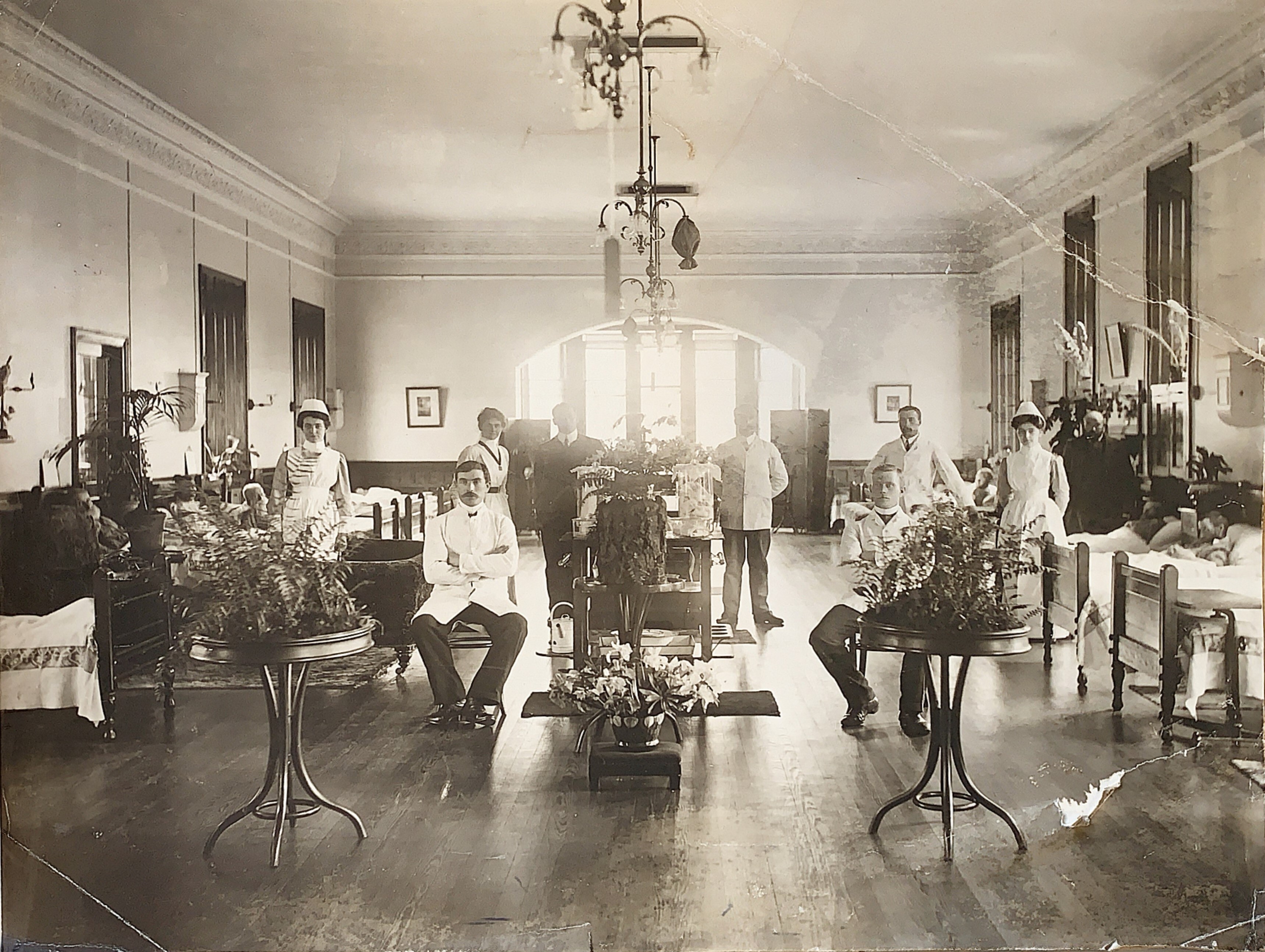 A sepia photograph showing uniformed nursing staff seated and standing in formal poses.  They are in an Edwardian hospital ward with beds along the sides and elaborate plant displays