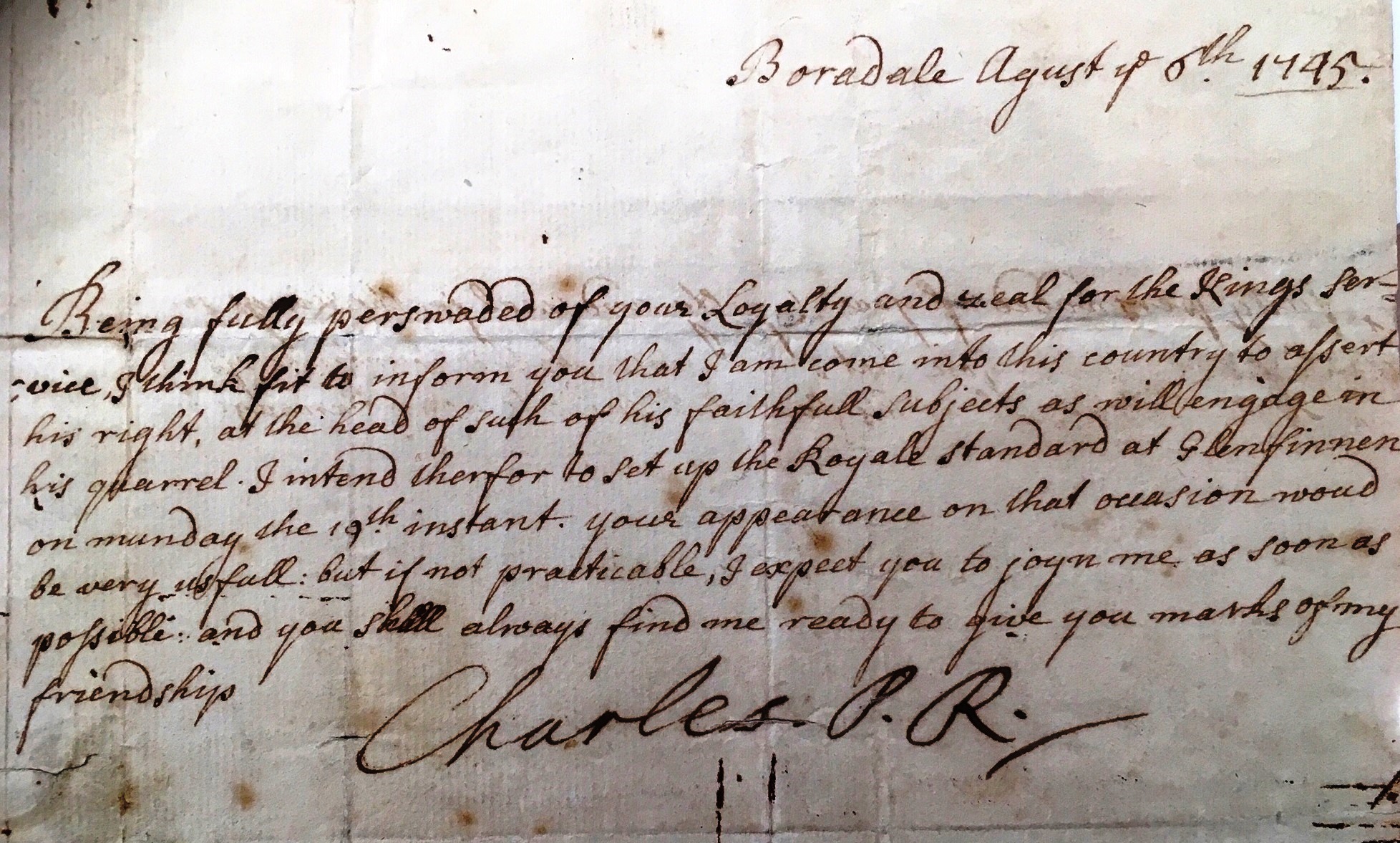 A manuscript document dated August 6th 1745 with a large signature of Charles PR