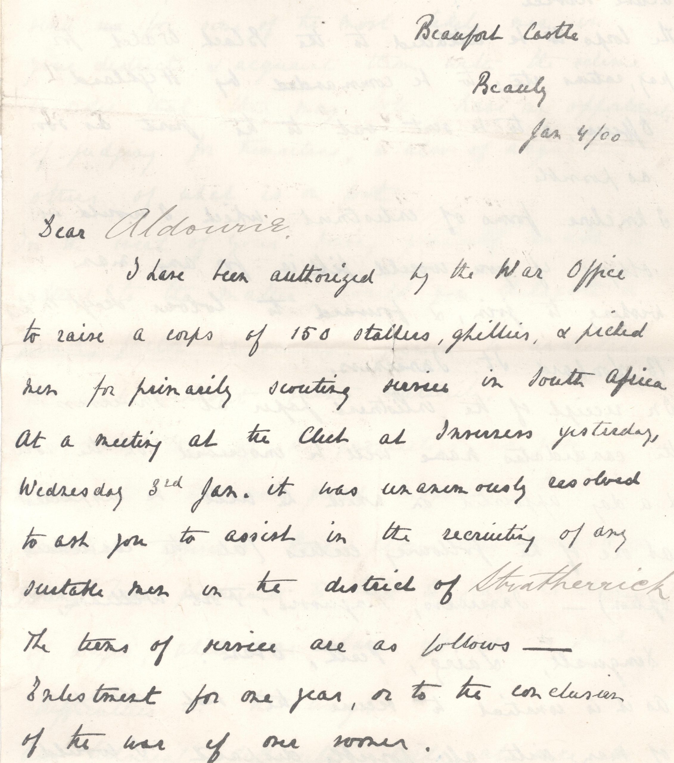 A cream coloured sheet of paper containing a handwritten letter addressed from Beaufort Castle, Beauly, 4 January 1900