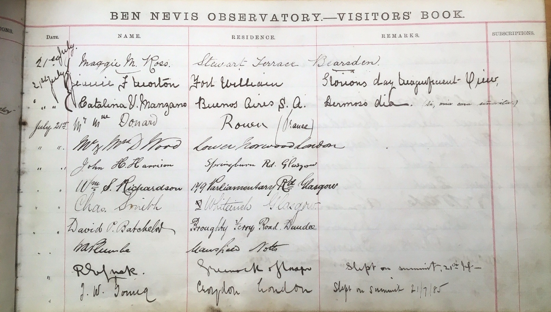 A section of a page with the printed heading 'Ben Nevis Observatory - Visitors' Book'.  Below the headings 'Date, Name. Residence, Remarks, and Subscriptions' are handwritten entries
