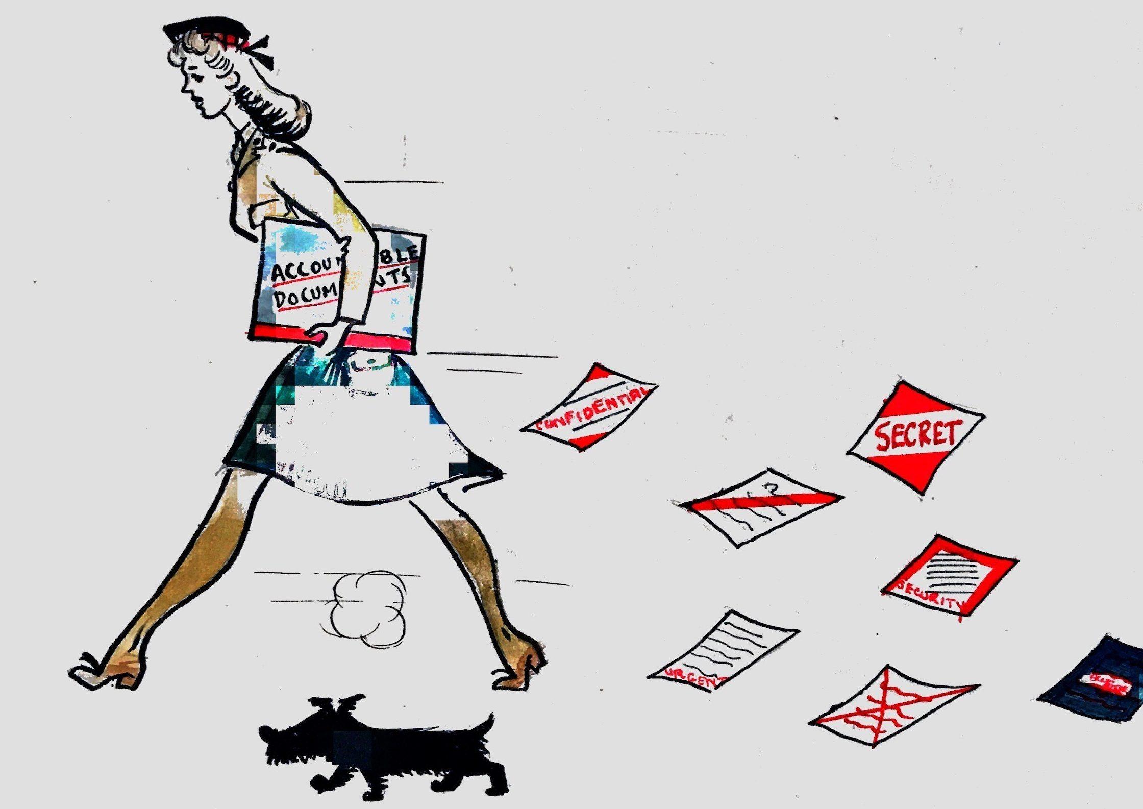 A coloured cartoon showing a young woman rushing from right to left leaving a trail of papers in her wake
