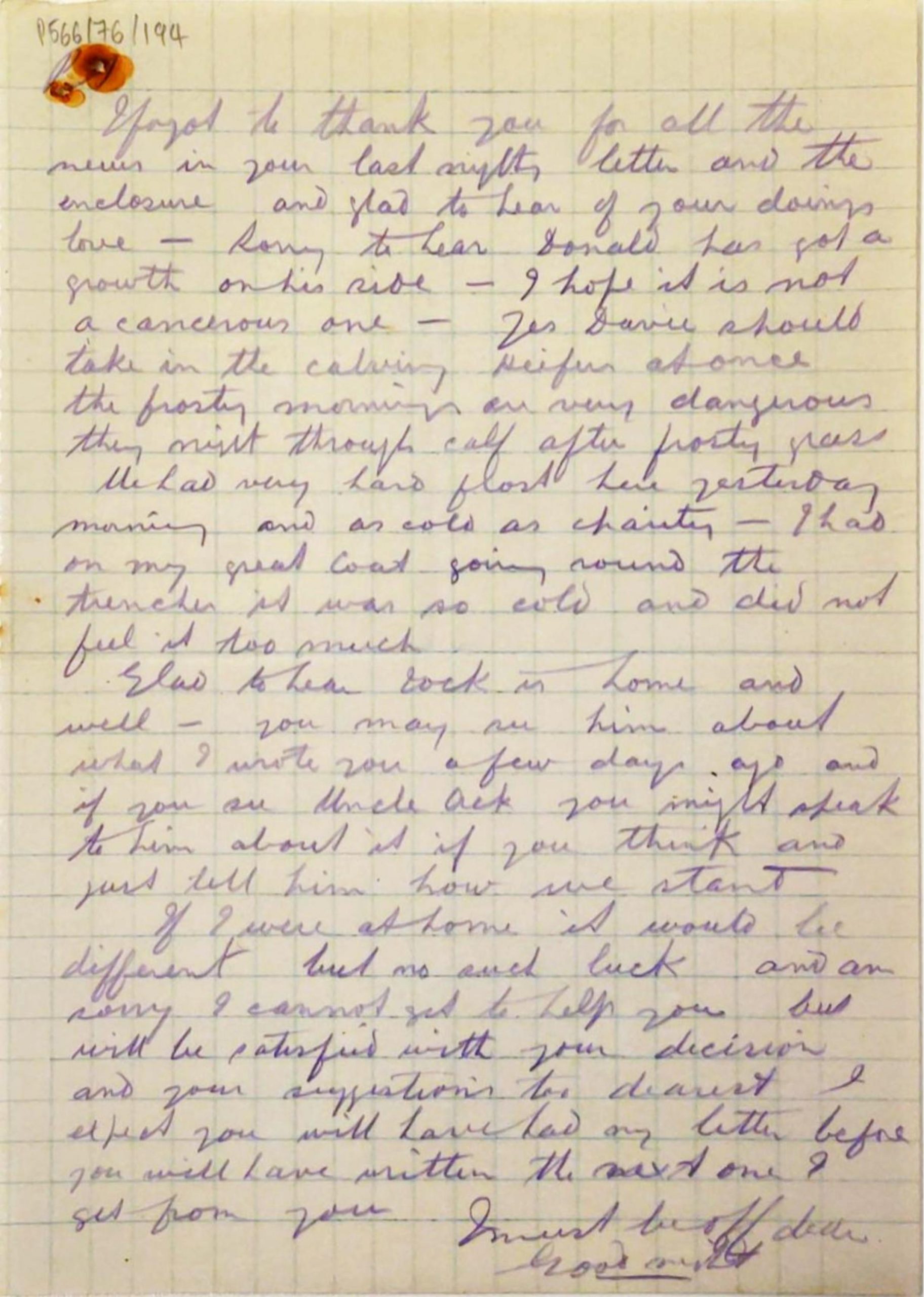 A piece of squared paper covered with handwriting in purple pencil