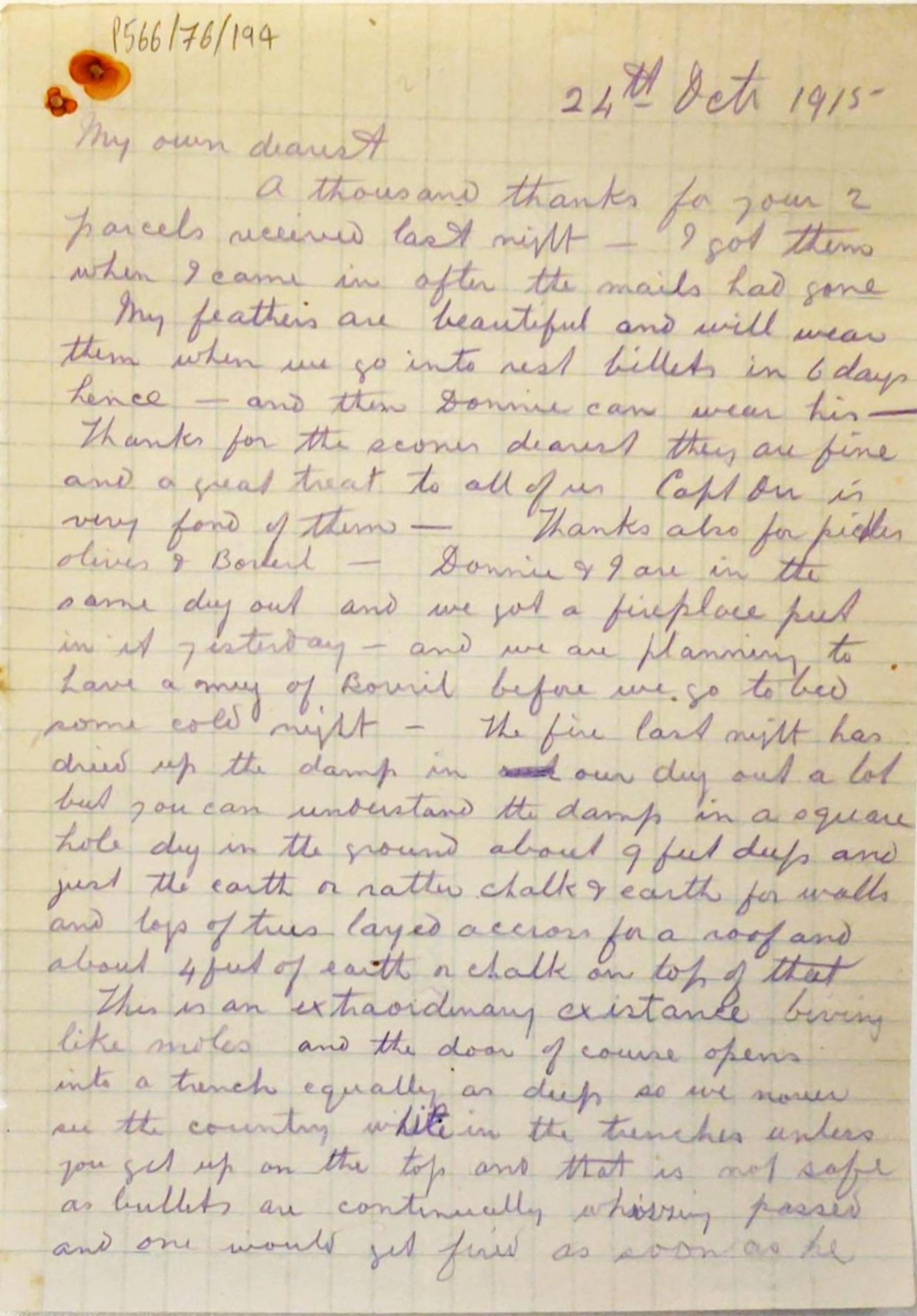 A piece of squared paper covered with handwriting in purple pencil and dated 24th October 1915