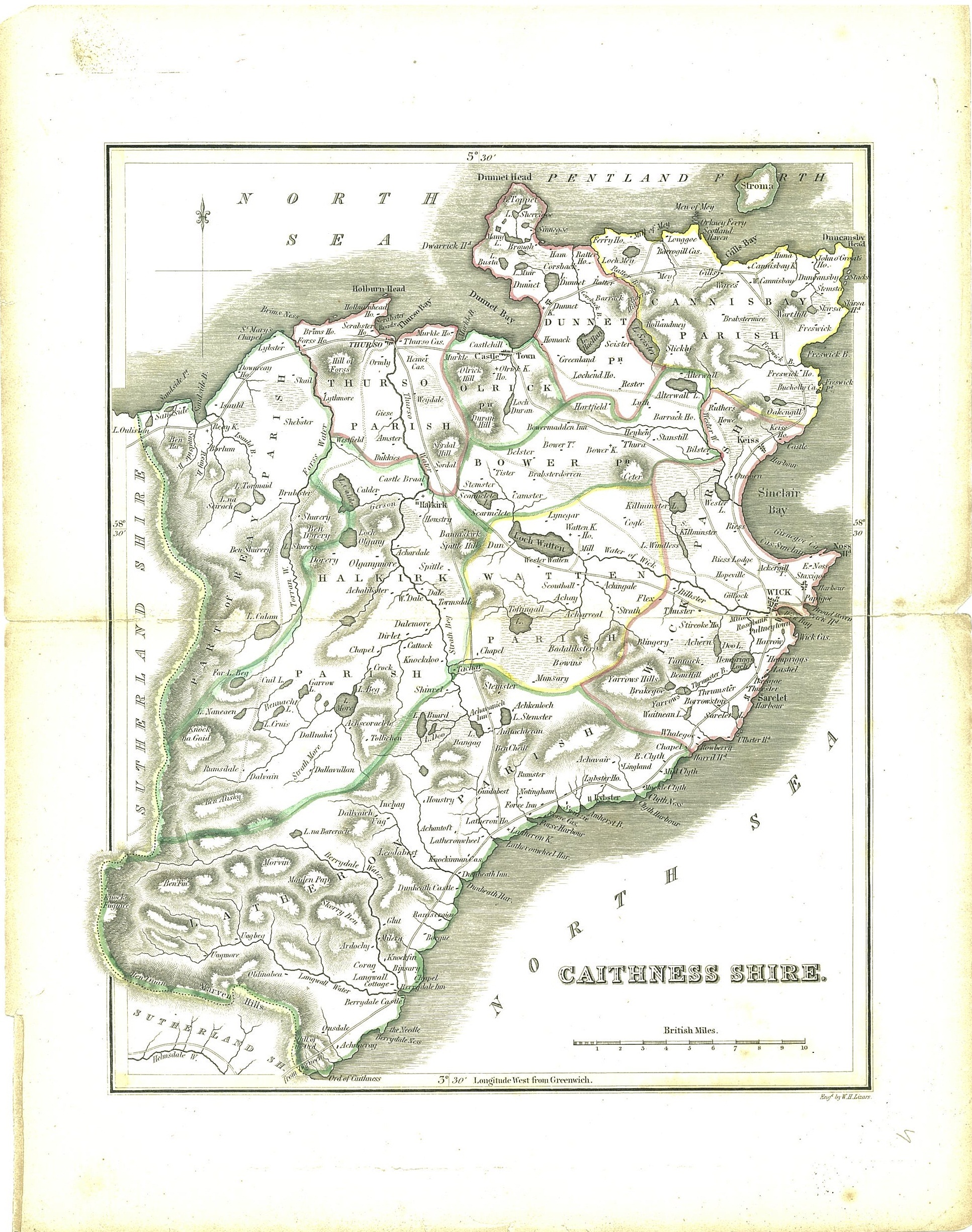 A white page showing a map of the county of Caithness.  Coloured lines show parish boundaries.