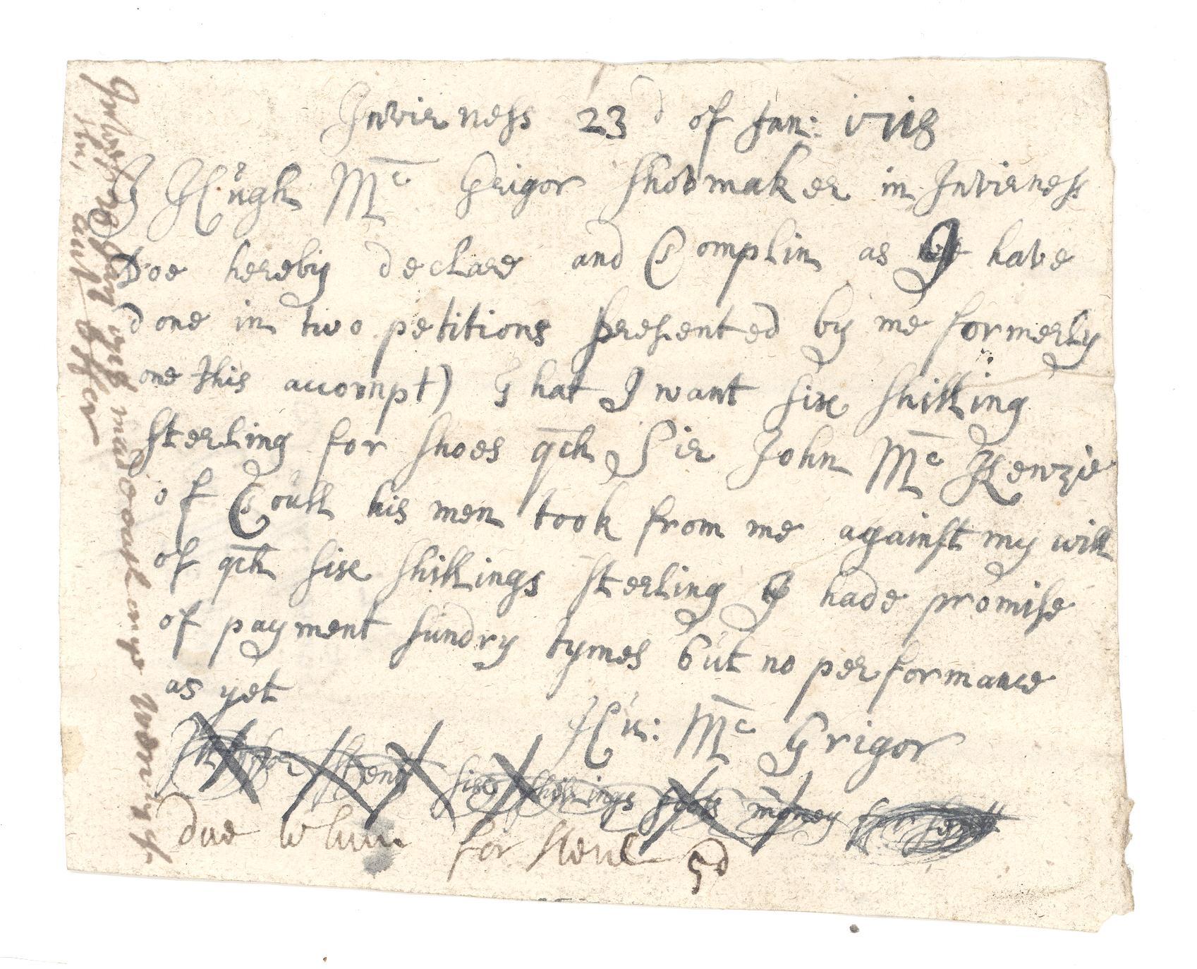 A cream coloured piece of paper with dark 18th century writing detailing a claim for compensation