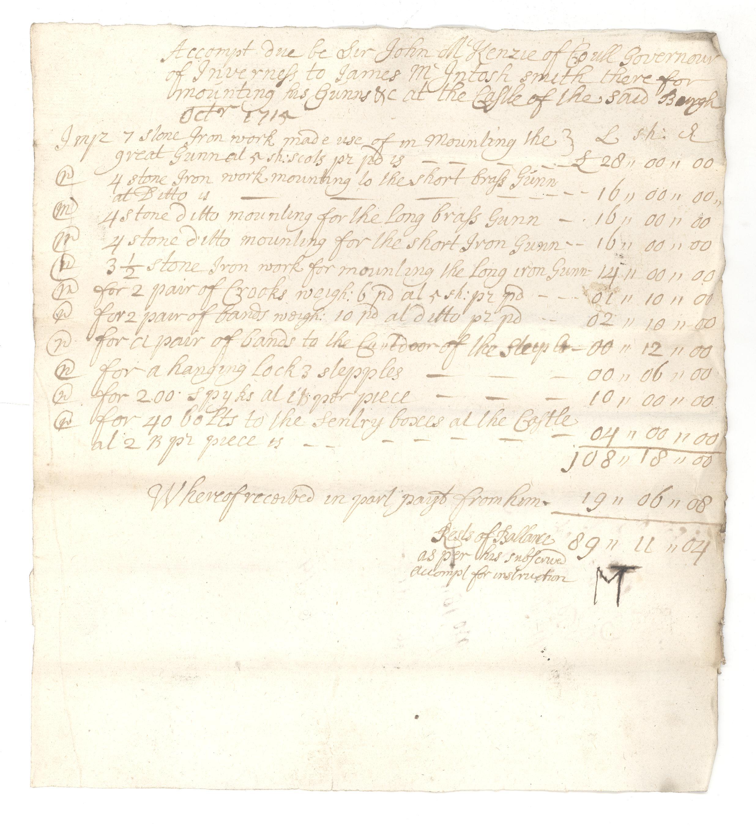 A cream coloured piece of paper with 18th century brown ink writing, detailing a claim for compensation