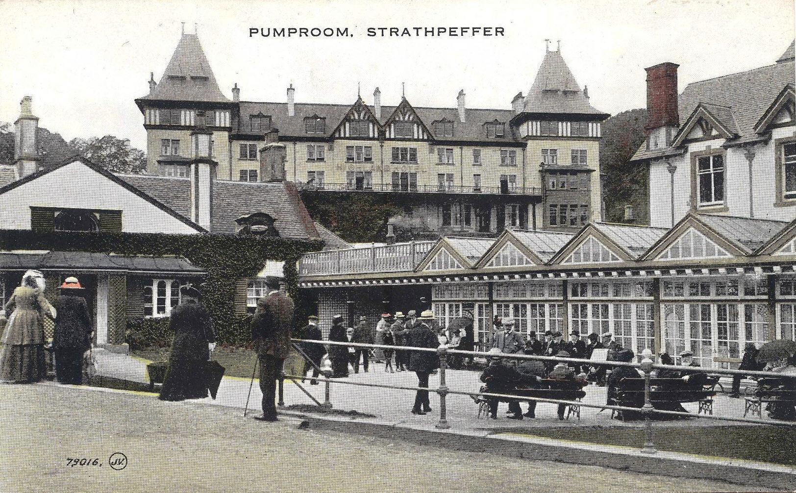 A postcard with colour tint added, showing the pumproom in Strathpeffer and a prominent hotel in the background