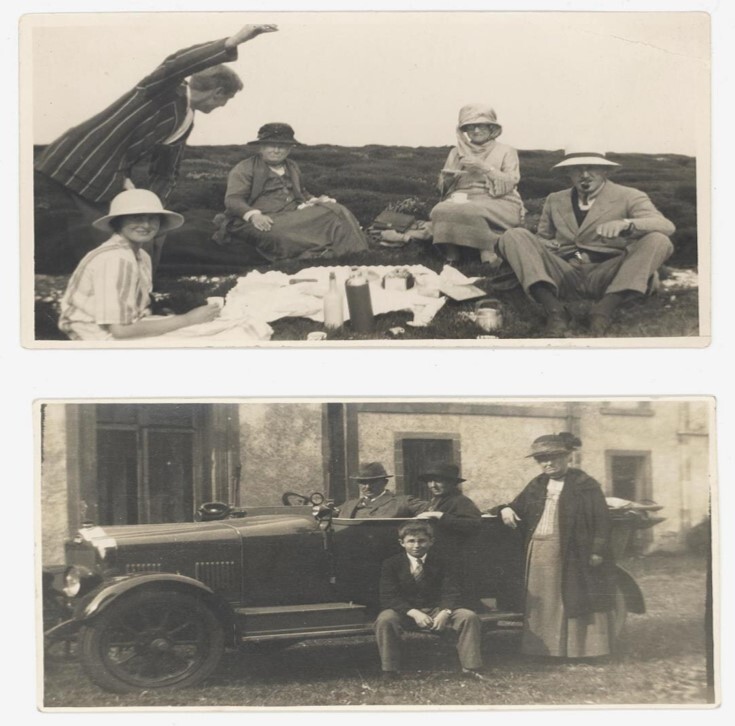 Two black and white postcards.  The top one shows an early 20th century family eating a picnic on a hillside.  The bottom one shows a later 19th century family posing with a vintage car.