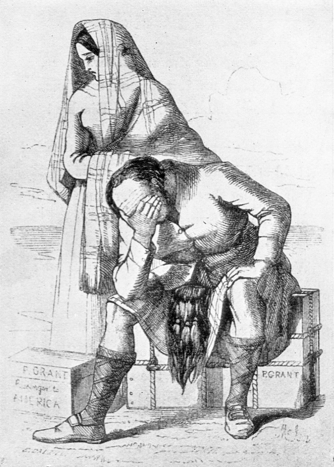 A line illustration showing a man and a woman in traditional Highland dress.  The woman is standing and comforting the seated man who has one hand on his knee and the other over his face.  The words 'O Why left I my hame?' are written underneath the image