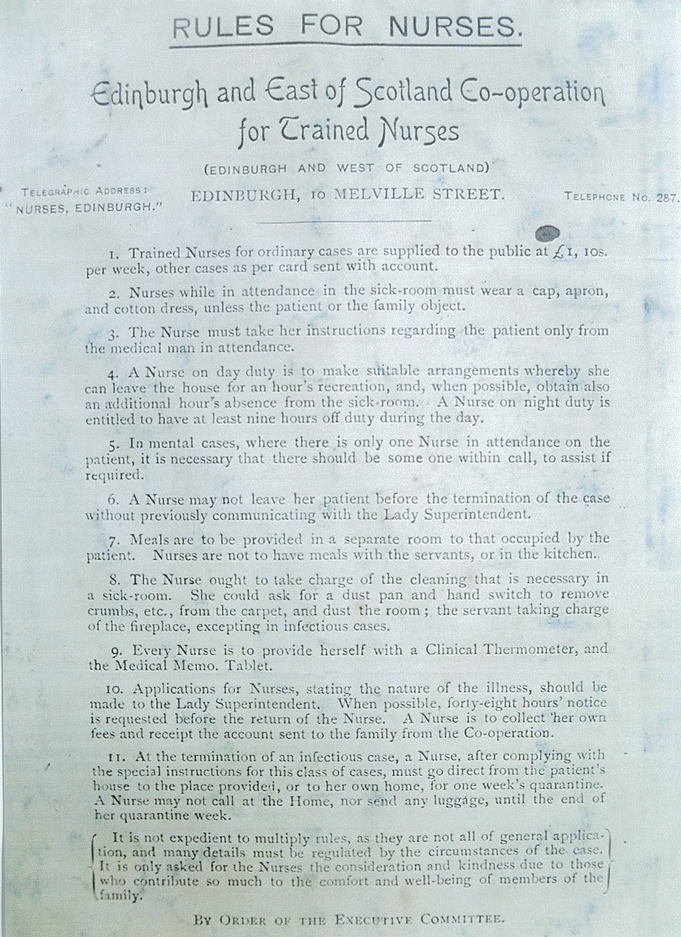 A pale grey-blue documents bearing typed rules for nurses