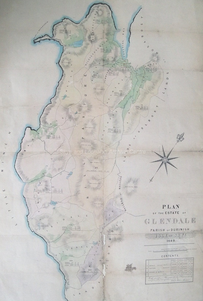 A coloured map showing Glendale estate in the parish of Durinish on the Isle of Skye.  It bears the date 1849